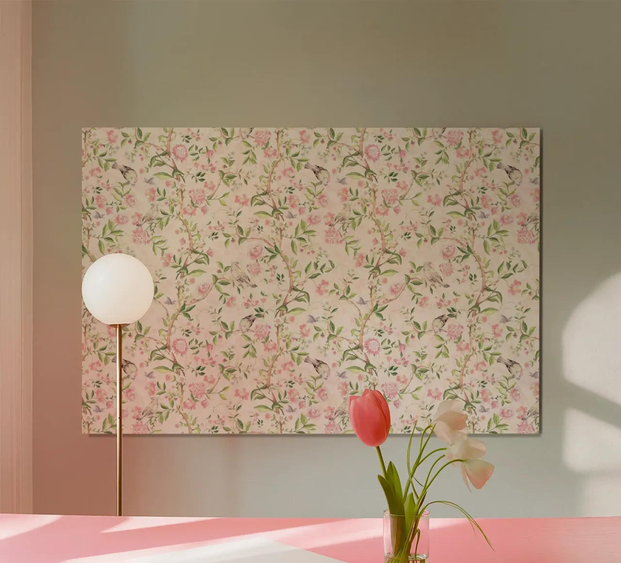 Roze Chinoiserie Tuin met Vogels Vlinders en Bloesems poster met aluminium frame van Vintage World - Uta Naumann