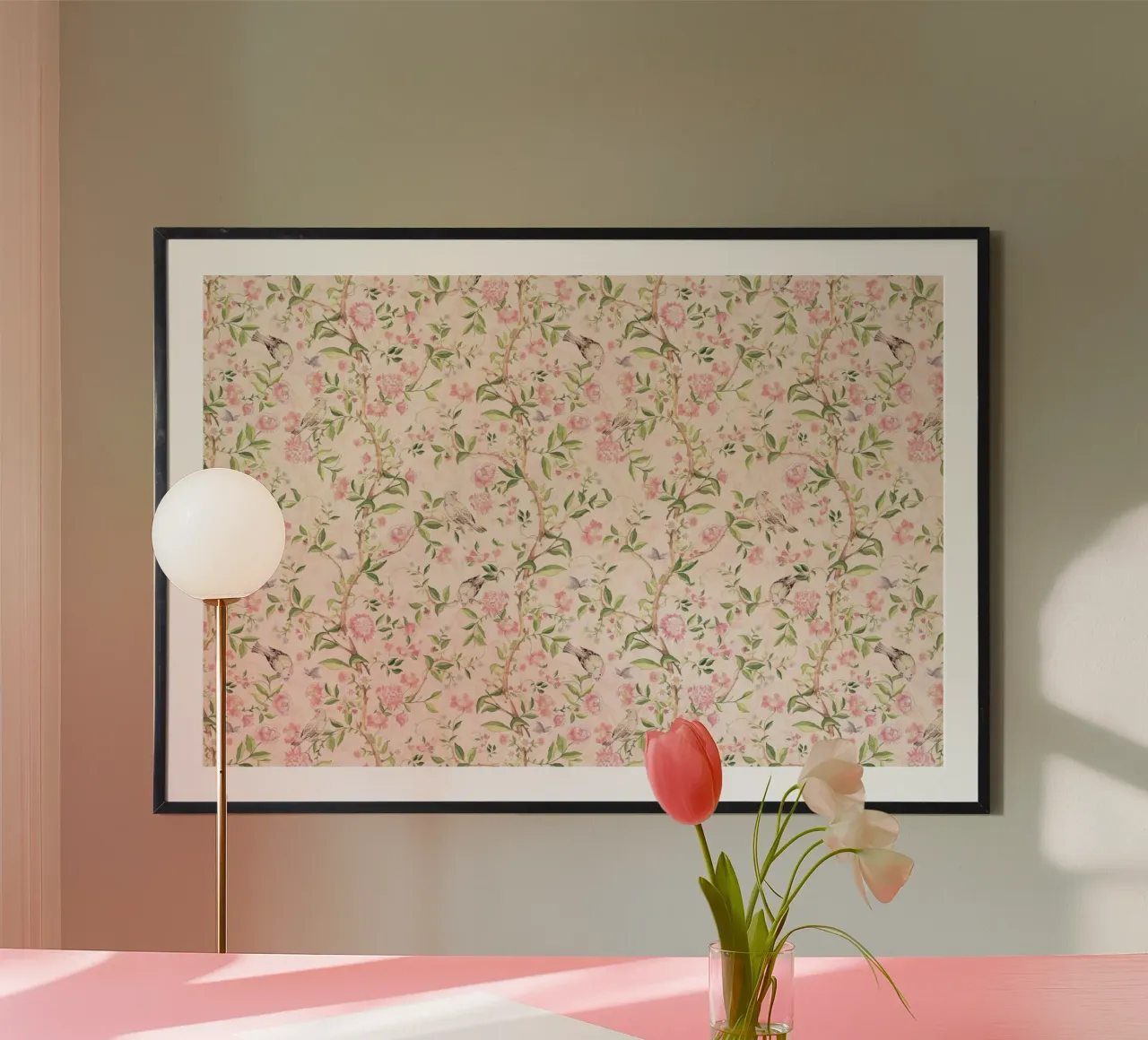 Roze Chinoiserie Tuin met Vogels Vlinders en Bloesems poster met aluminium frame van Vintage World - Uta Naumann