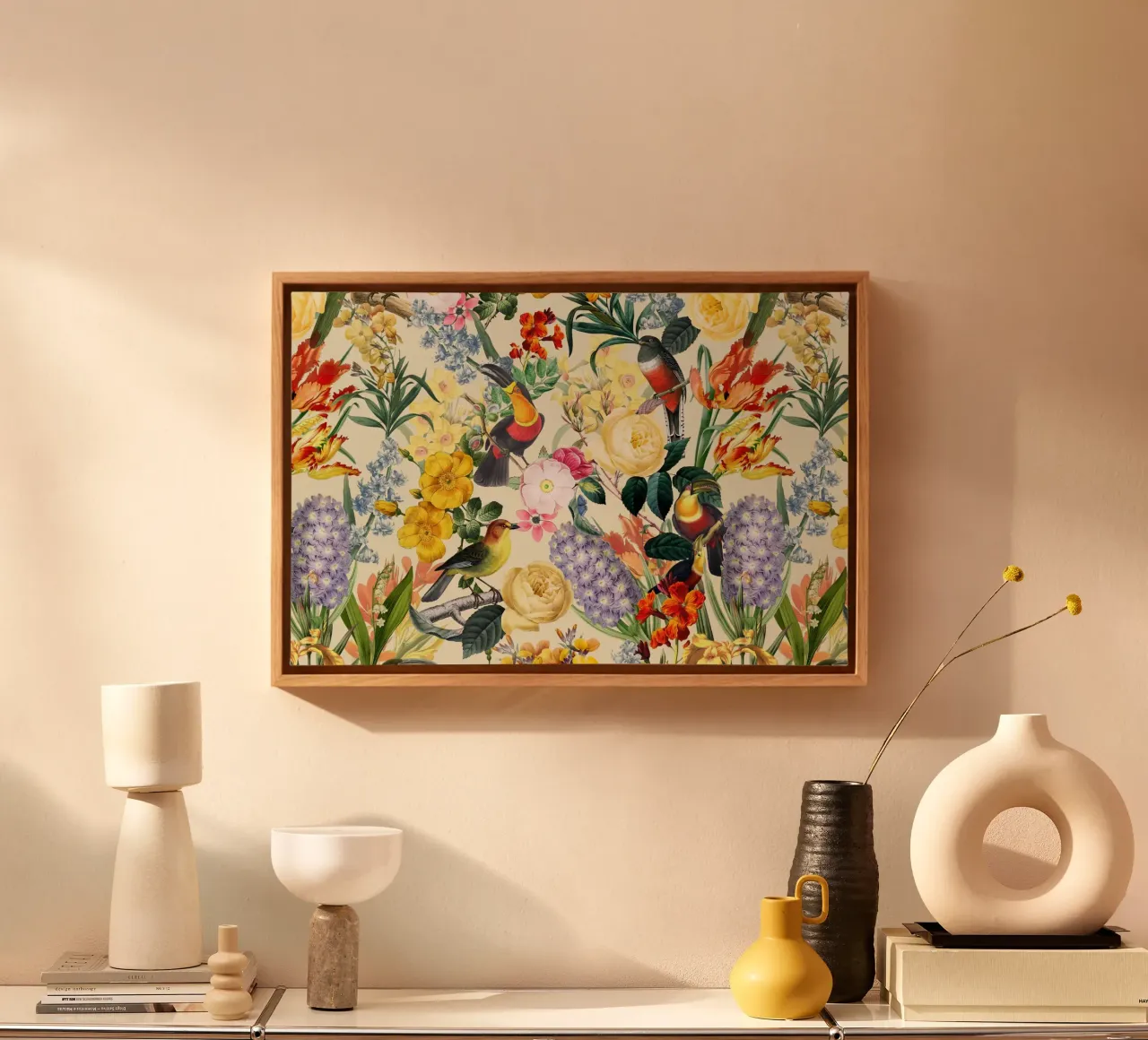 Uccelli tropicali vintage con rose tulipani e fiori di primavera tela con Cornice a cassetta da Vintage World - Uta Naumann