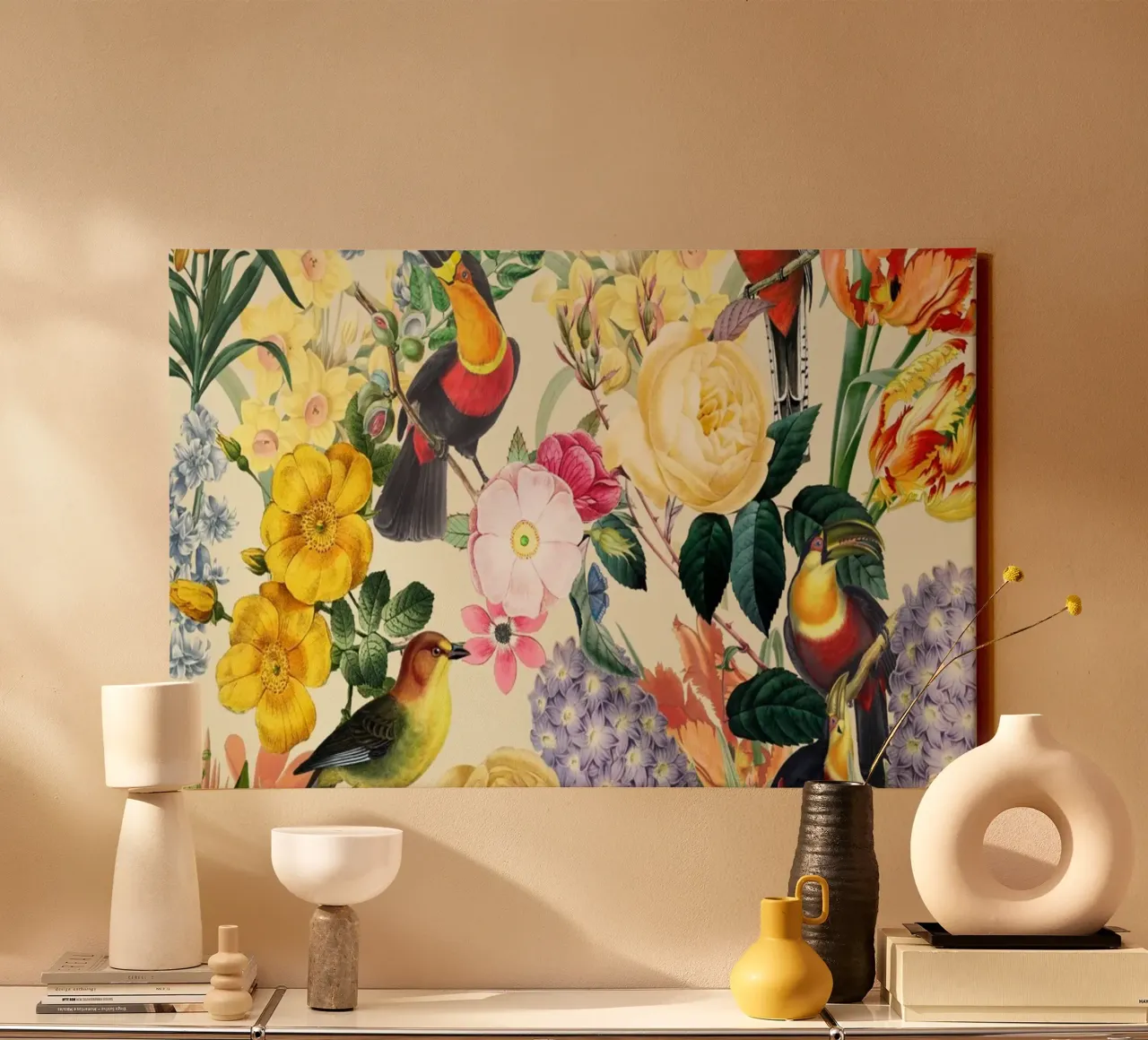 Uccelli tropicali vintage con rose tulipani e fiori di primavera tela con Cornice a cassetta da Vintage World - Uta Naumann