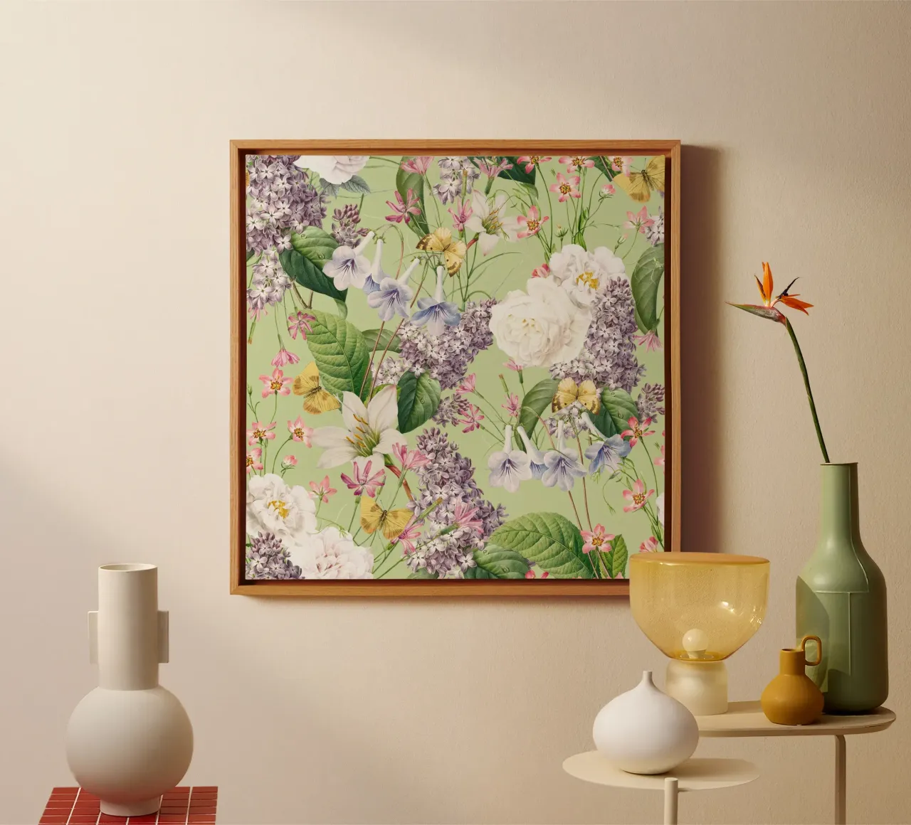Lillà vintage con rose bianche, farfalle e fiori di primavera tela con Cornice a cassetta da Vintage World - Uta Naumann