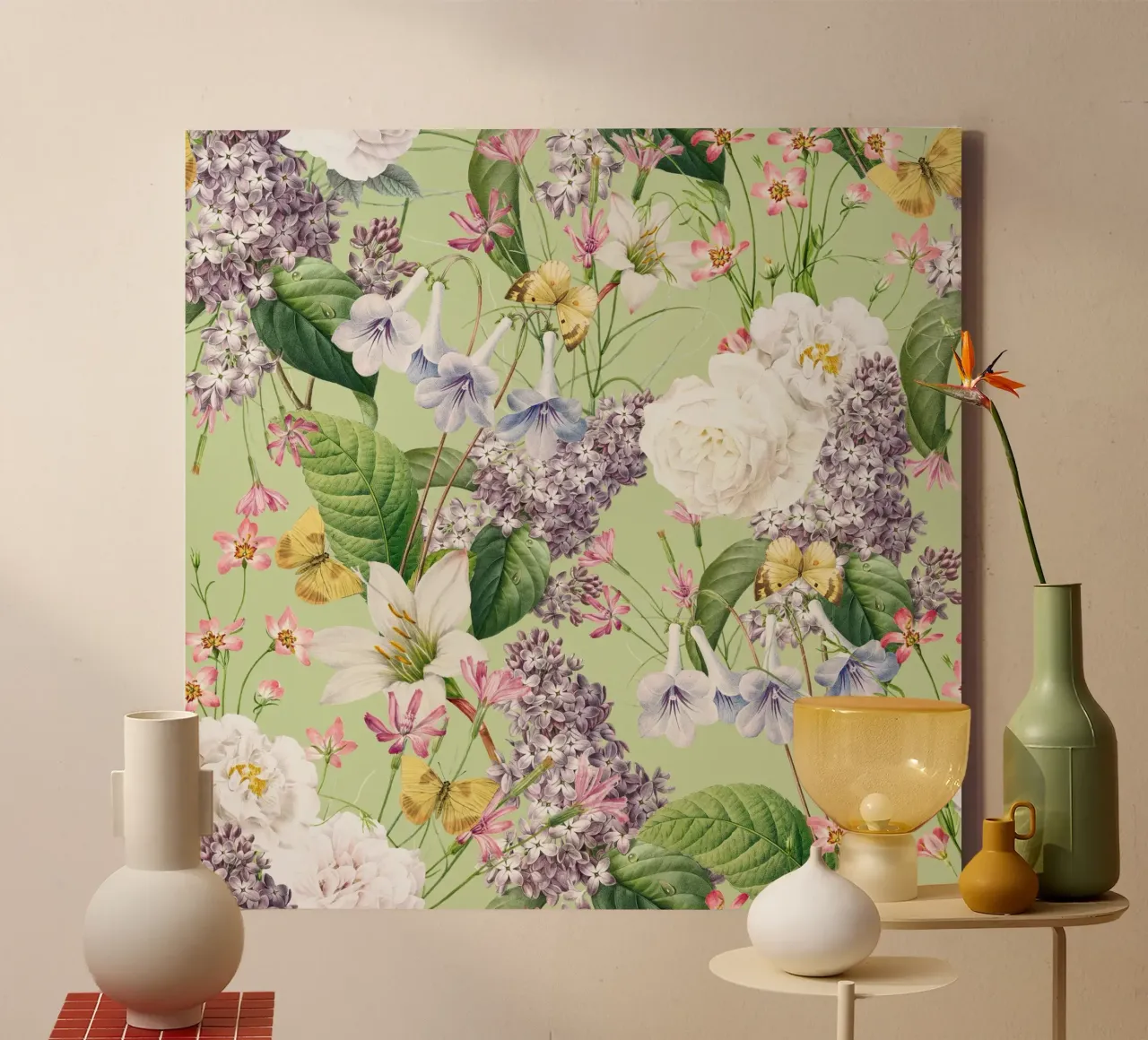 Lillà vintage con rose bianche, farfalle e fiori di primavera tela con Cornice a cassetta da Vintage World - Uta Naumann