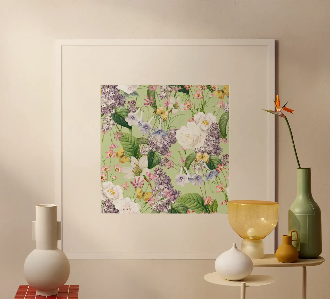 Lillà vintage con rose bianche, farfalle e fiori di primavera poster da Vintage World - Uta Naumann