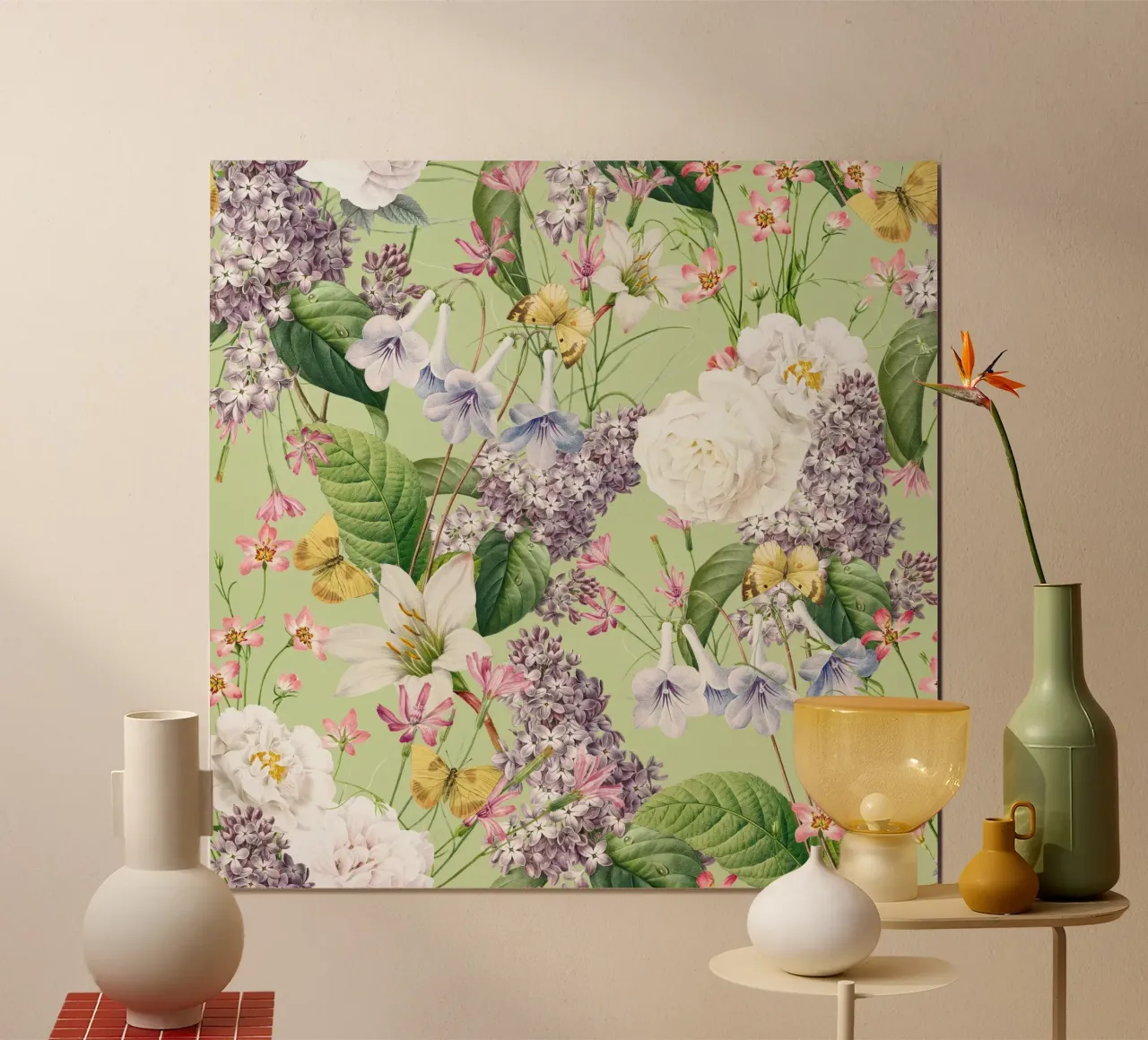 Lillà vintage con rose bianche, farfalle e fiori di primavera poster da Vintage World - Uta Naumann