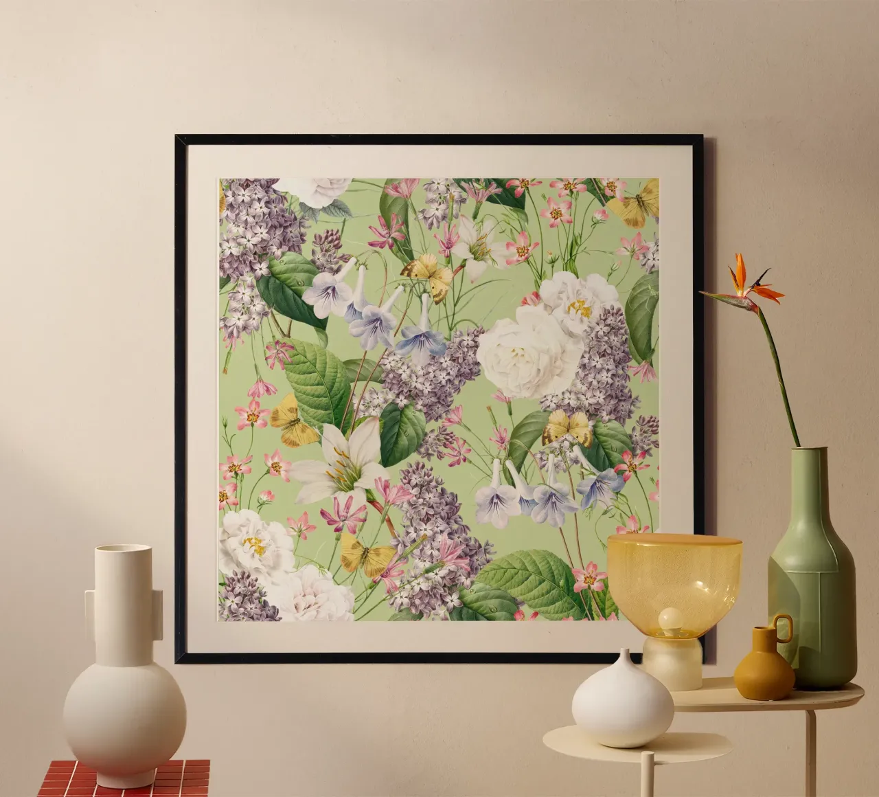 Lillà vintage con rose bianche, farfalle e fiori di primavera poster da Vintage World - Uta Naumann