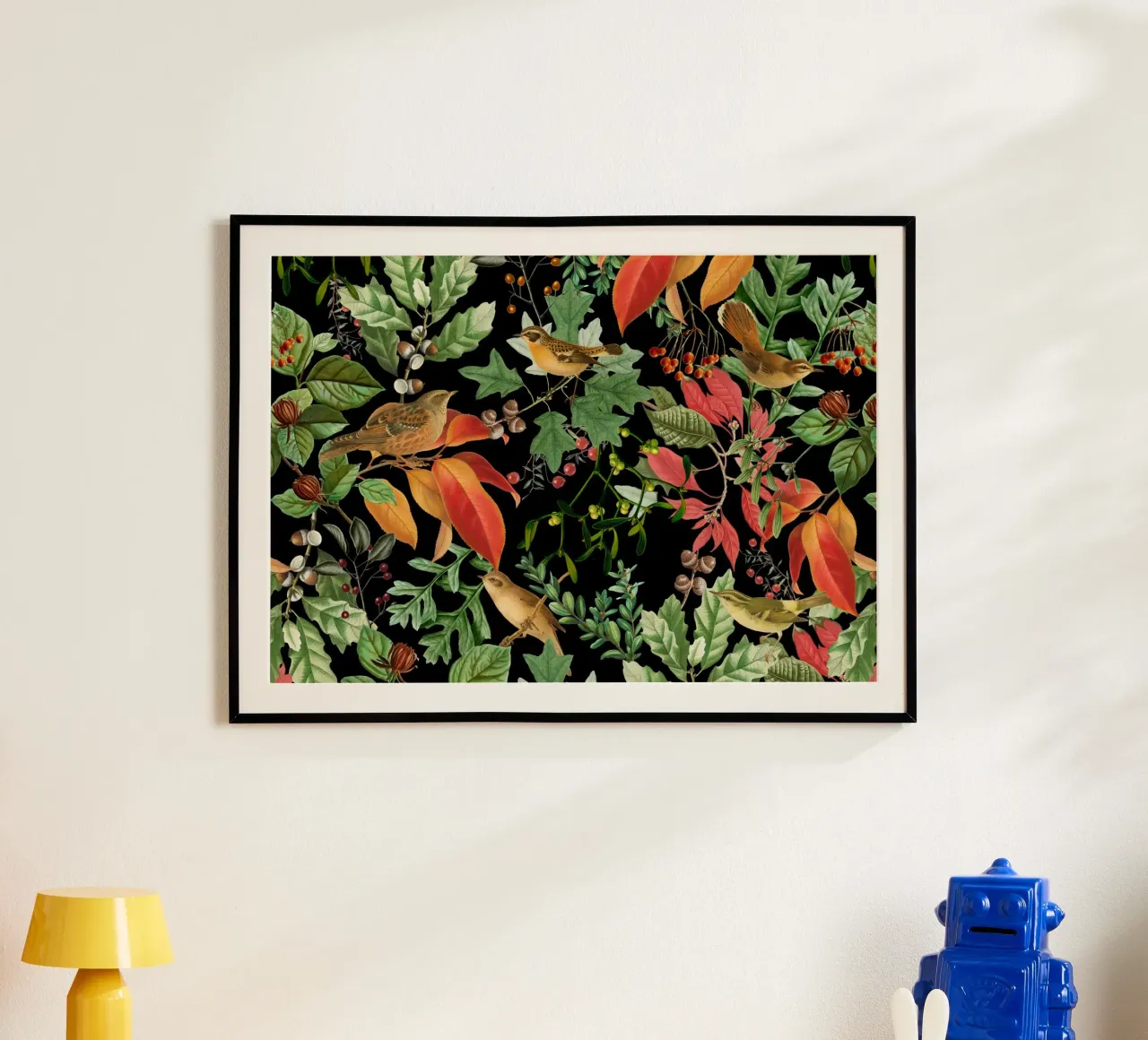 Notte della Foresta Oscura con Uccelli Foglie d'Autunno e Bosco Berr poster da Vintage World - Uta Naumann