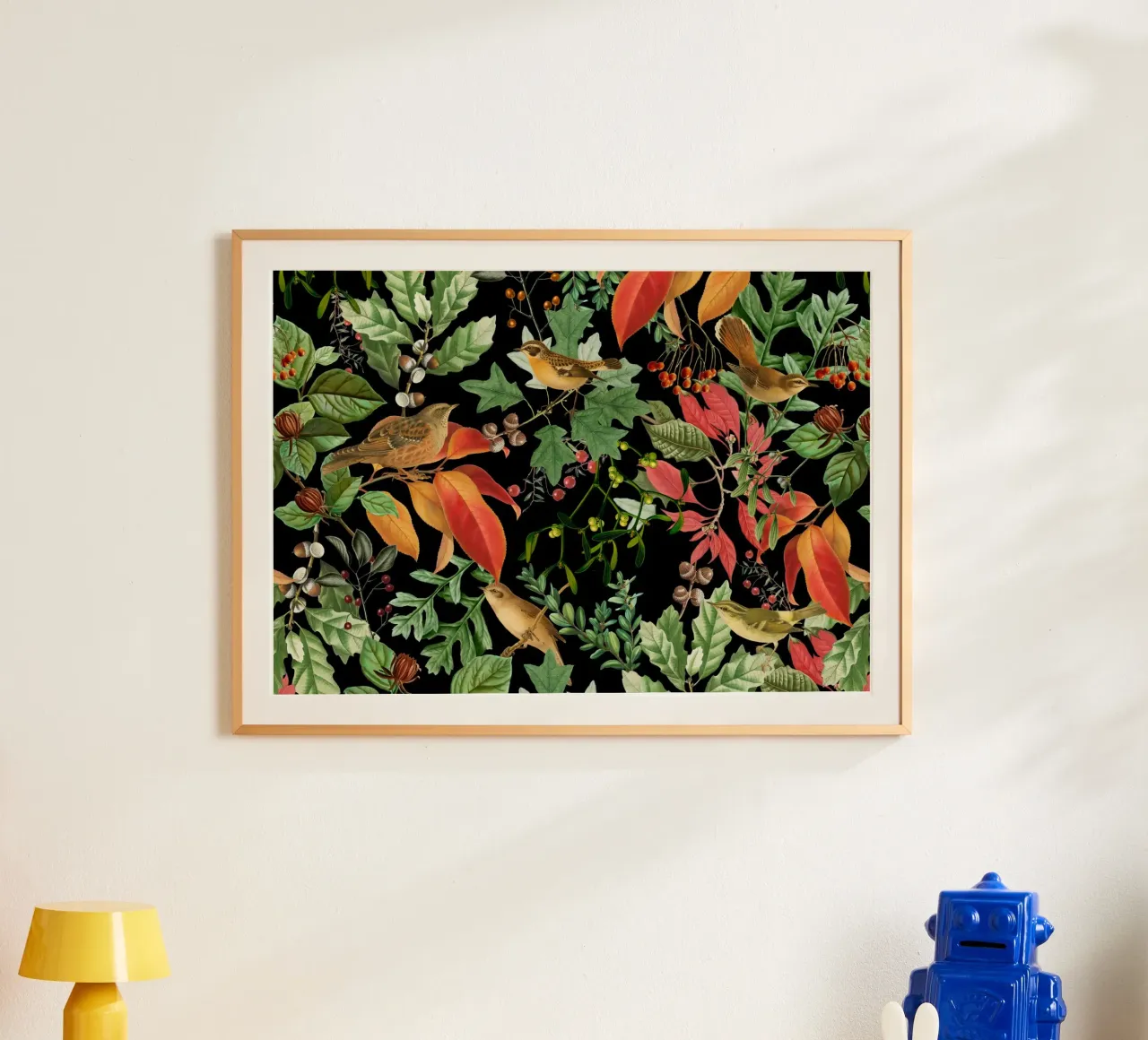Notte della Foresta Oscura con Uccelli Foglie d'Autunno e Bosco Berr poster da Vintage World - Uta Naumann