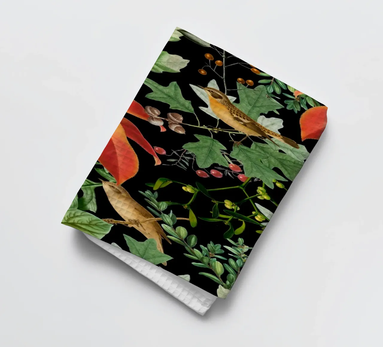 Nuit de forêt sombre avec oiseaux, feuilles d'automne et berr... torchon de Vintage World - Uta Naumann
