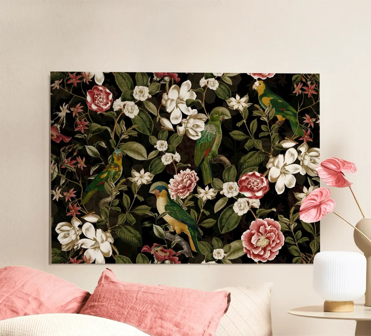 Pappagalli tropicali scuri con camelie, magnolie e rose poster da Vintage World - Uta Naumann