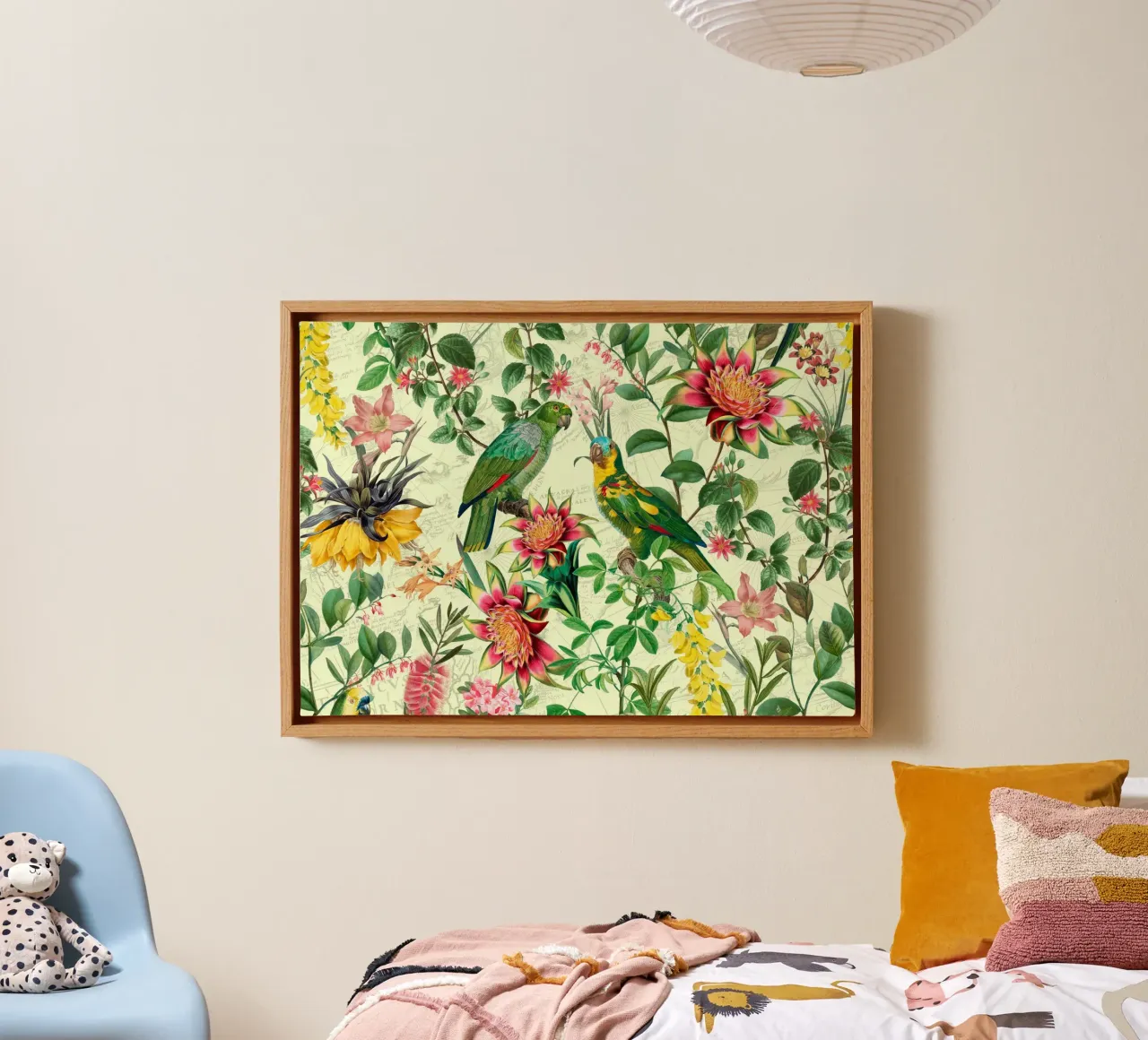 Pappagalli esotici tropicali con passiflore e fiori della giungla tela con Cornice a cassetta da Vintage World - Uta Naumann