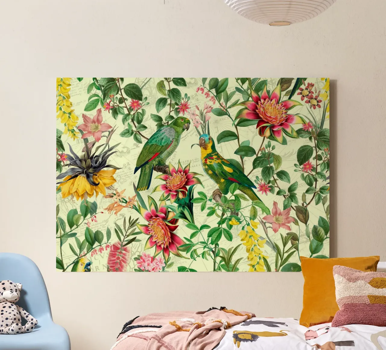 Pappagalli esotici tropicali con passiflore e fiori della giungla tela con Cornice a cassetta da Vintage World - Uta Naumann
