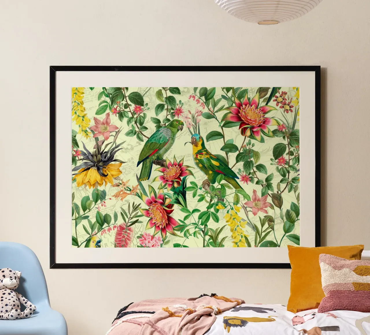 Pappagalli esotici tropicali con passiflore e fiori della giungla poster con telaio in legno da Vintage World - Uta Naumann