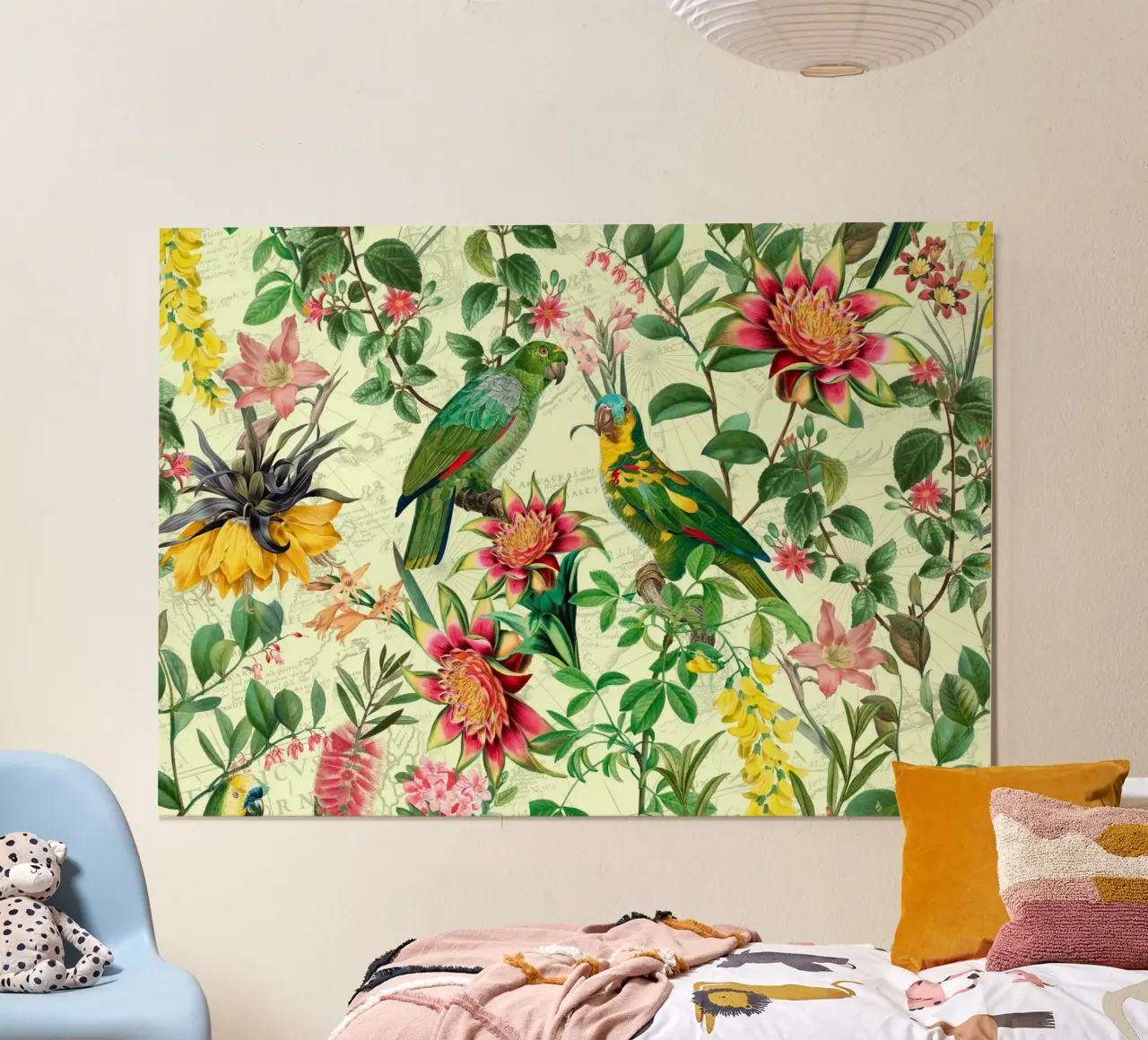 Pappagalli esotici tropicali con passiflore e fiori della giungla poster con telaio in legno da Vintage World - Uta Naumann