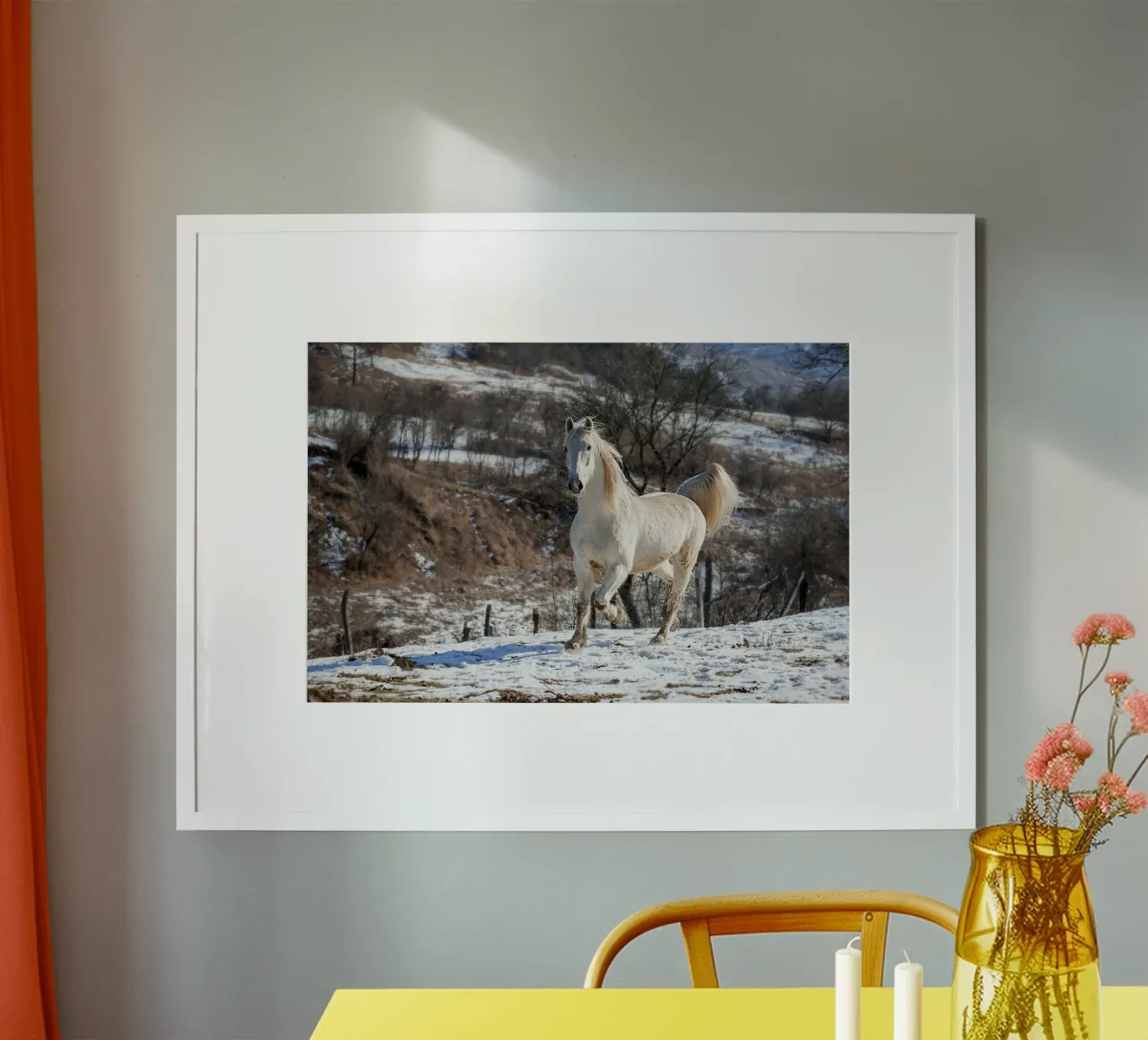 Cavallo bianco alla luce dell'inverno - Stampa fine art poster con telaio in alluminio da jay