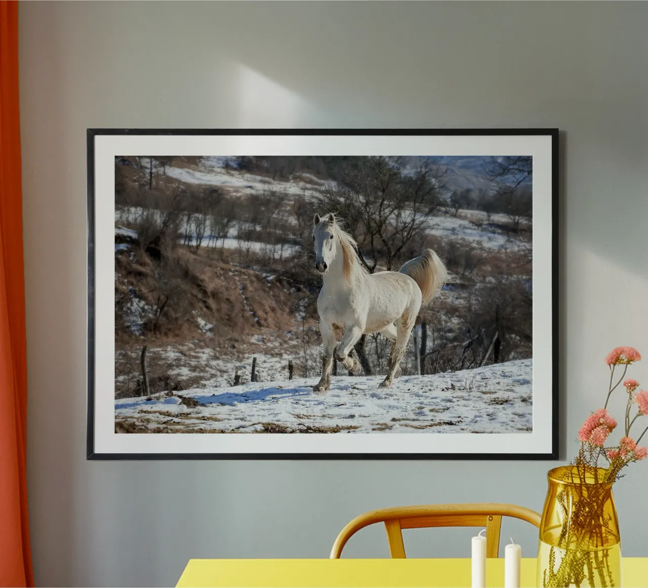 Cavallo bianco alla luce dell'inverno - Stampa fine art poster con telaio in alluminio da jay