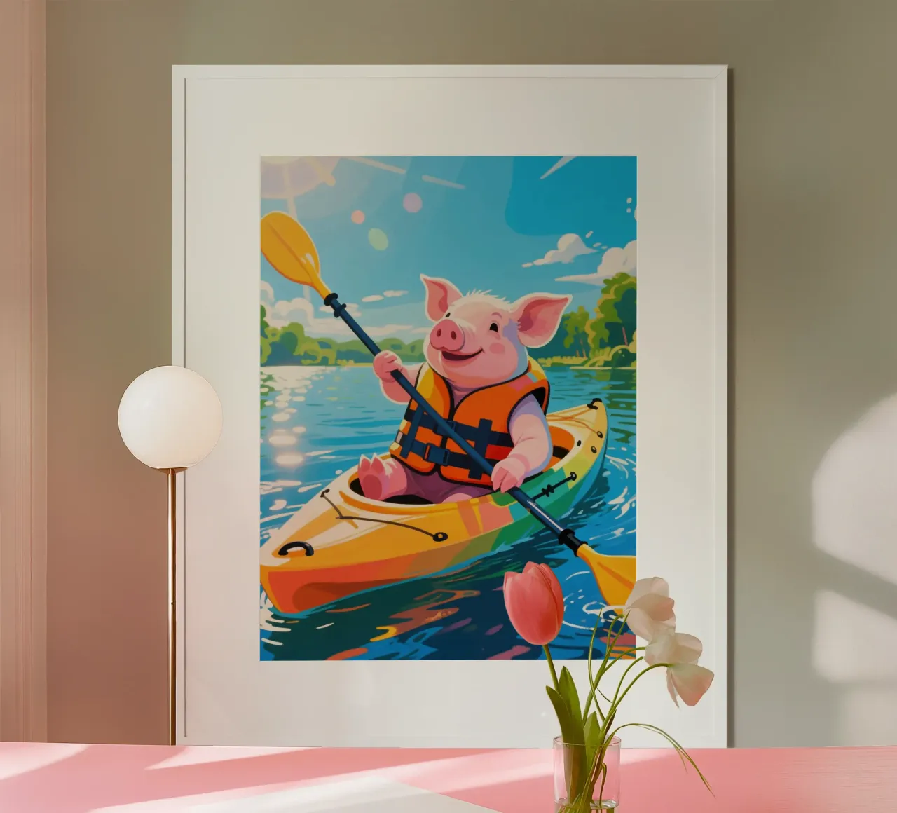 Maiale divertente in kayak poster con telaio in alluminio da knowledge