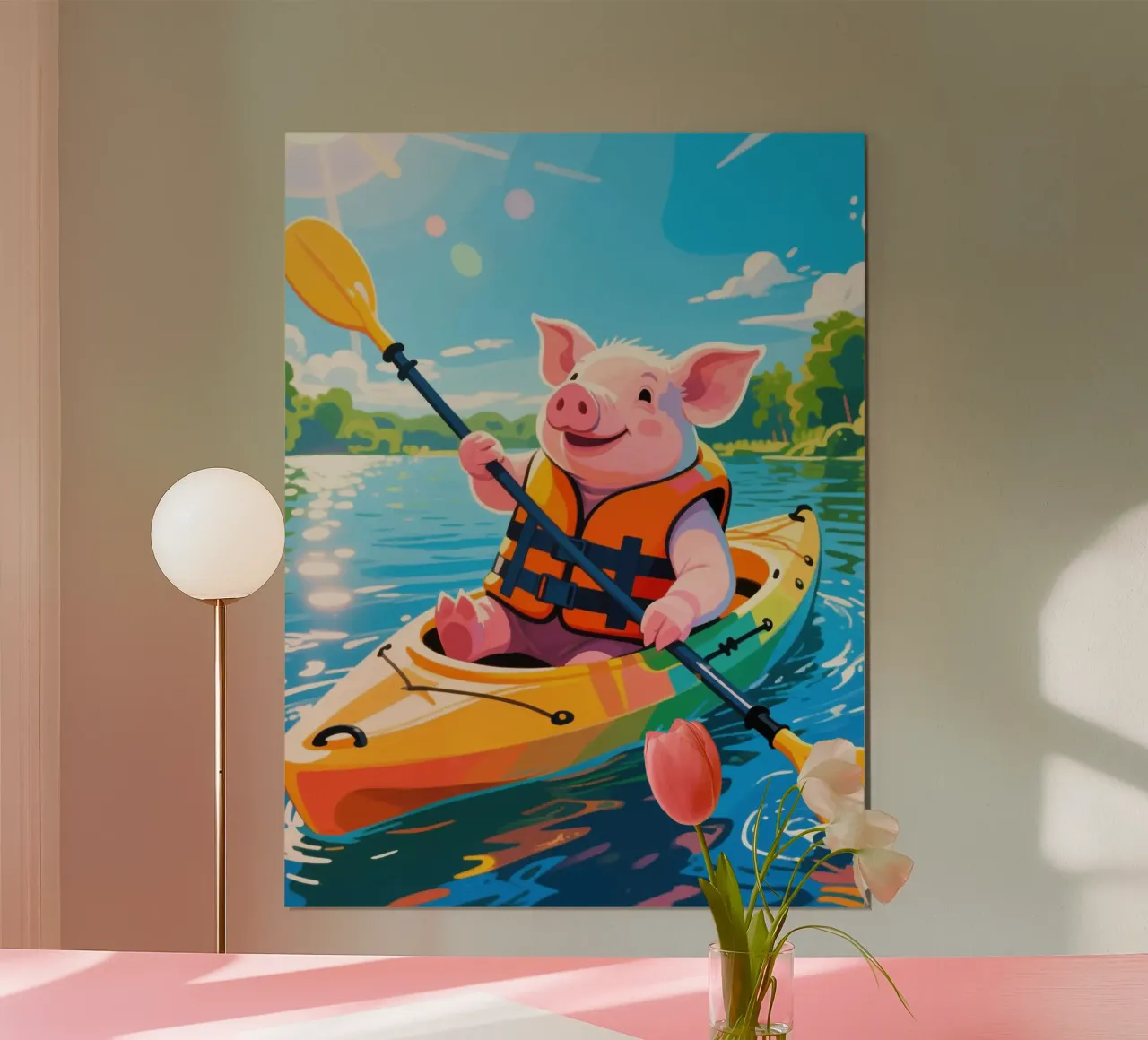 Maiale divertente in kayak poster con telaio in alluminio da knowledge