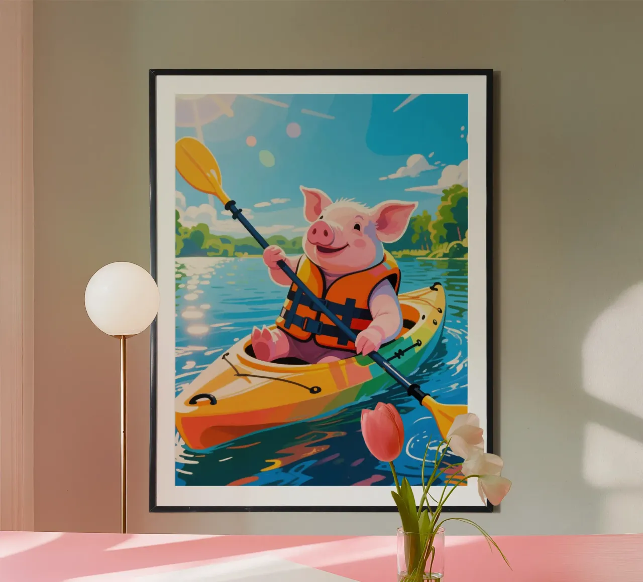 Maiale divertente in kayak poster con telaio in alluminio da knowledge