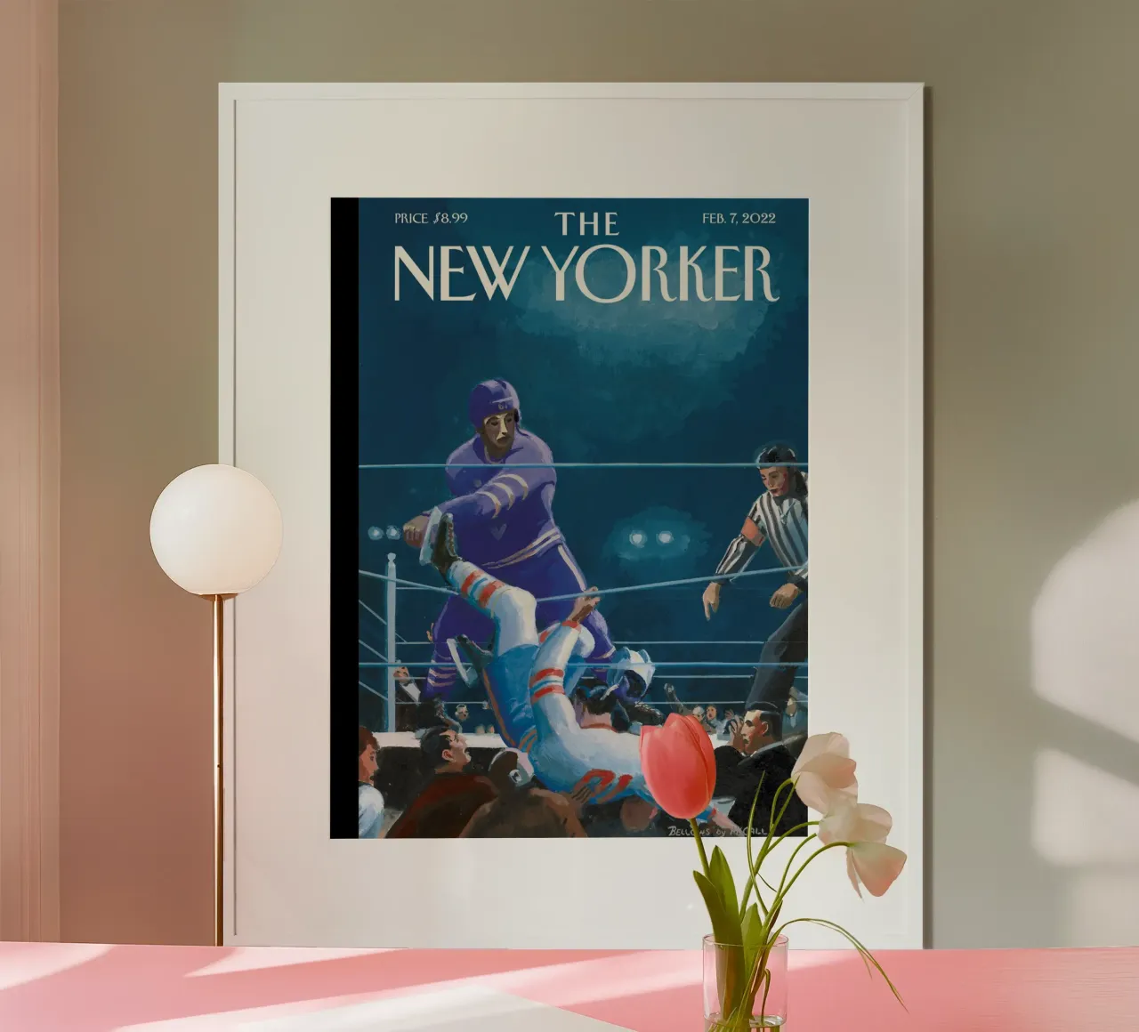 Arte della pista di boxe di Bruce McCall, The New Yorker poster con telaio in legno da appsi