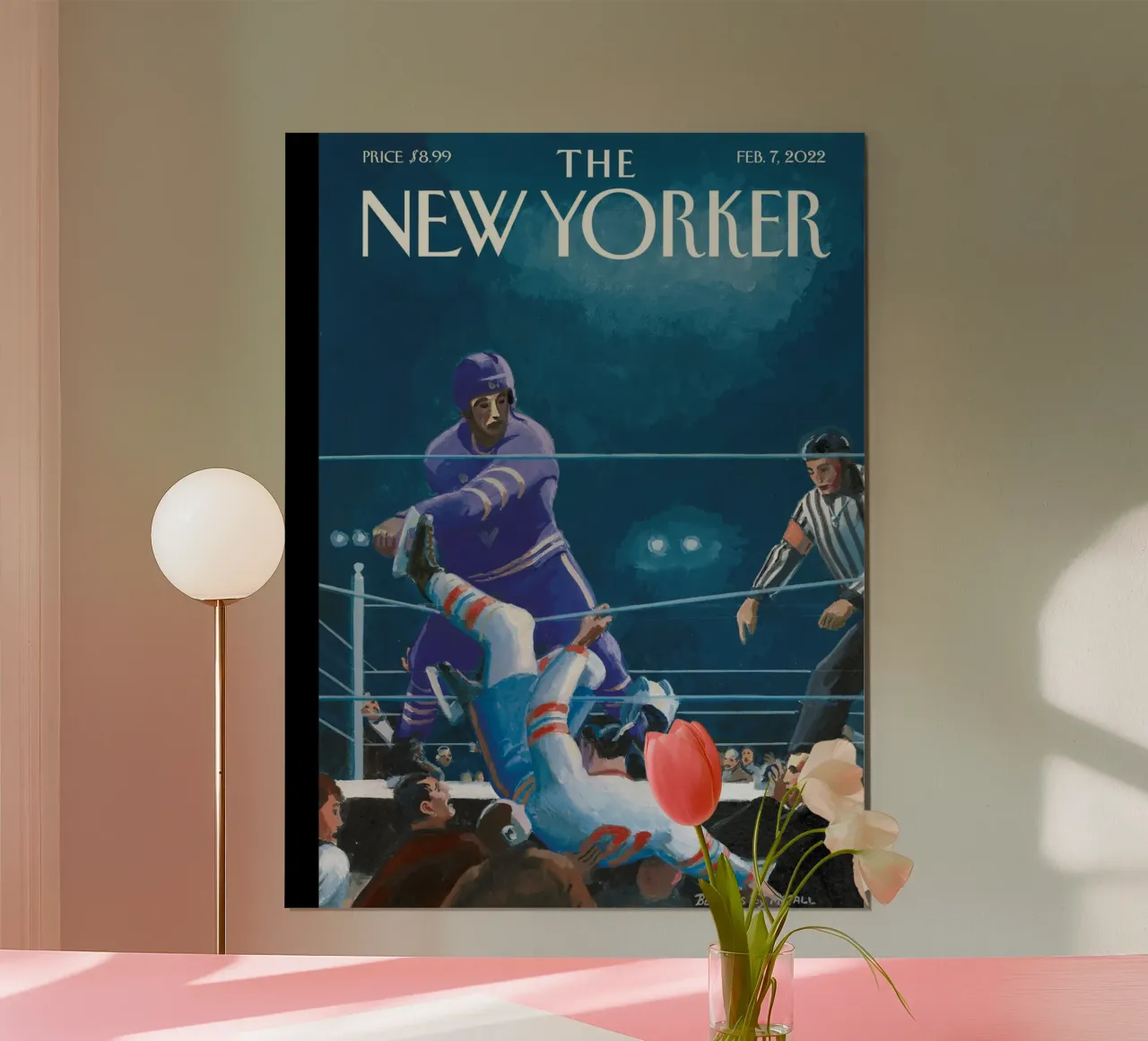 Arte della pista di boxe di Bruce McCall, The New Yorker poster con telaio in legno da appsi