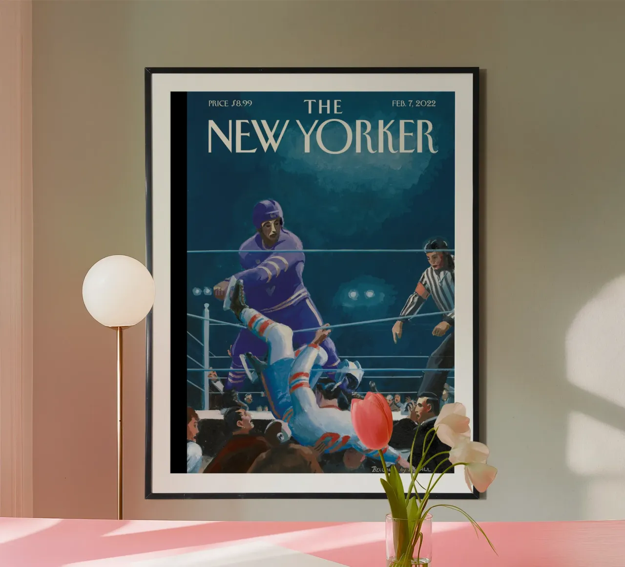 Arte della pista di boxe di Bruce McCall, The New Yorker poster con telaio in legno da appsi