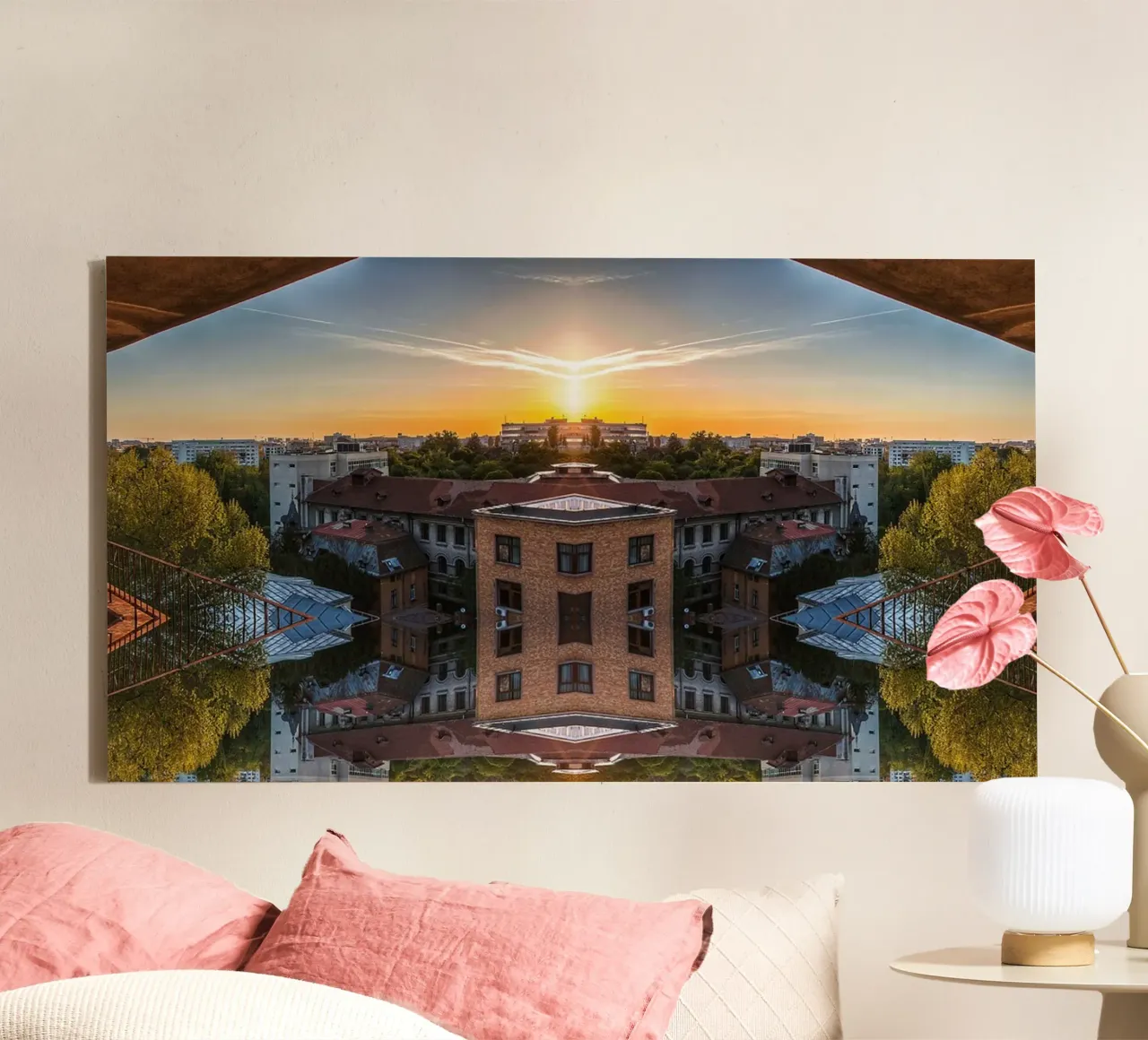Sunset Stedelijke Geometrie - Kunstdruk canvas met Baklijst van jay