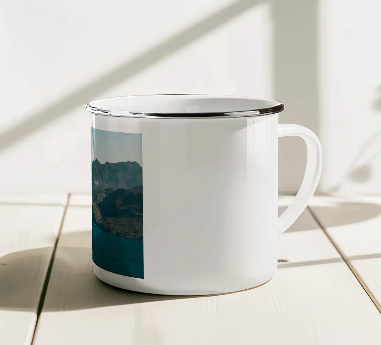 montagna che sorge dal mare tazza in smalto da Earthly Visions