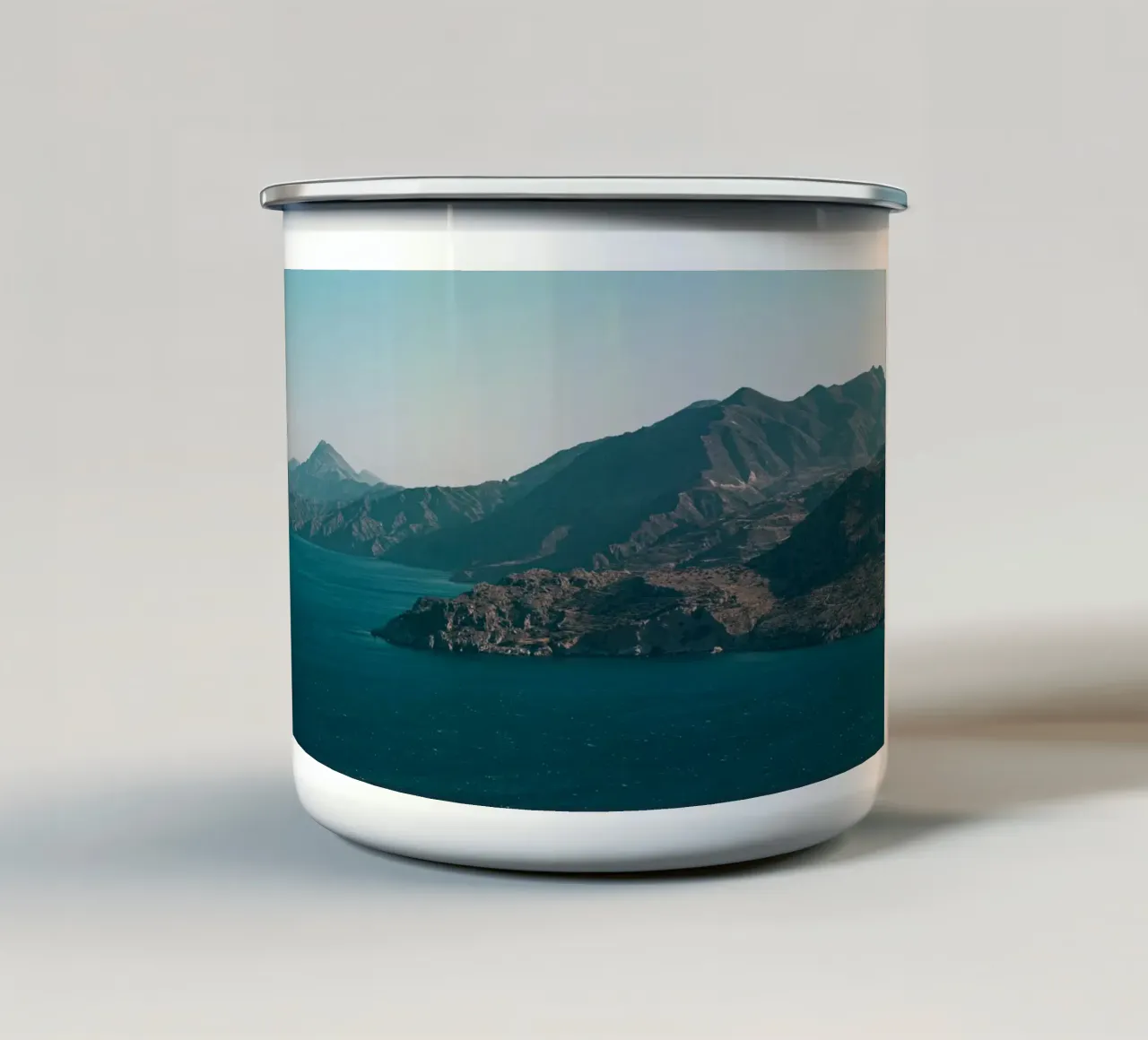 montagna che sorge dal mare tazza in smalto da Earthly Visions