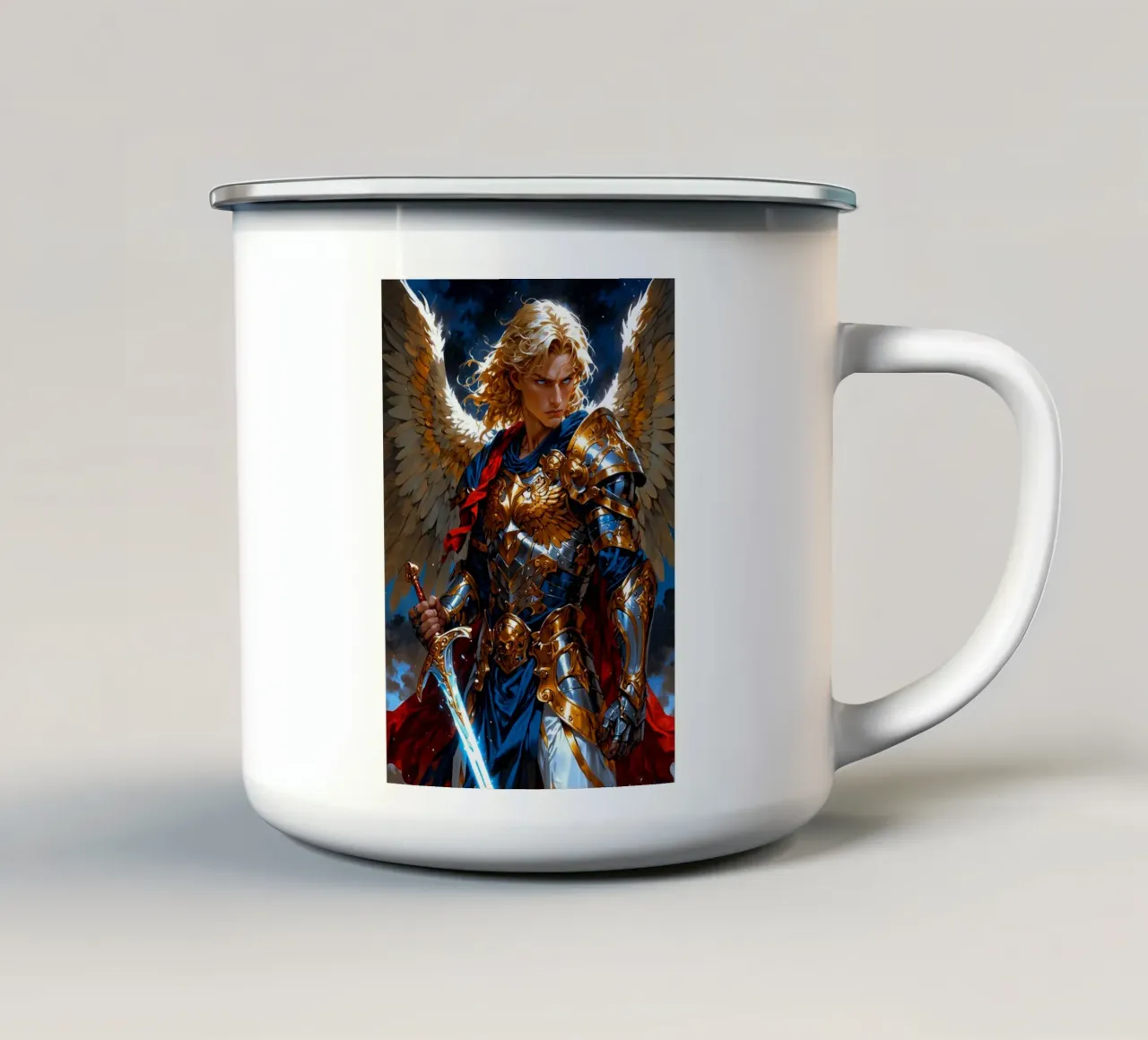 Arcangelo alato con spada tazza in smalto da Fleur de Lys
