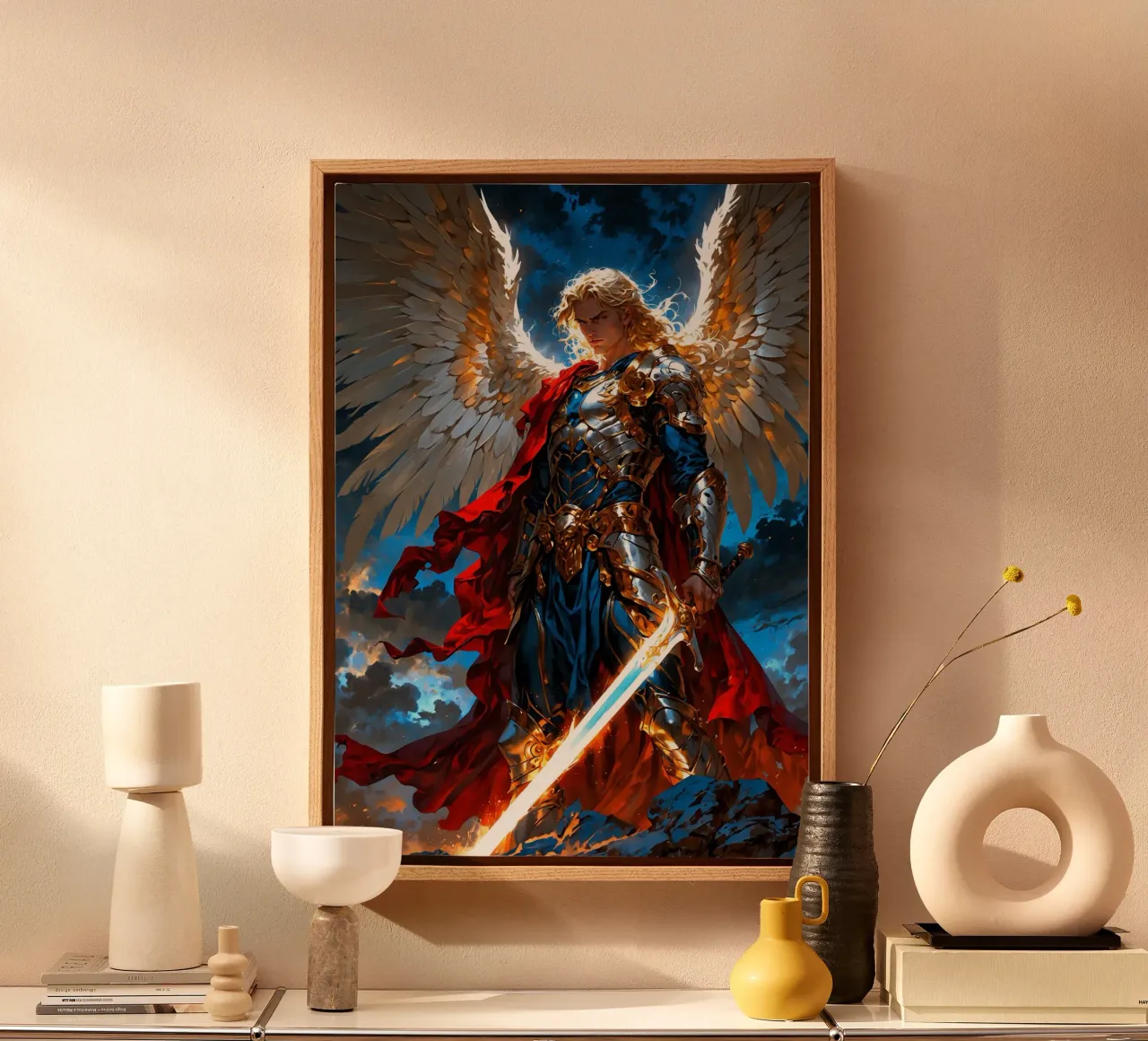Winged Archangel with Sword canvas with Floater frame by Fleur de Lys