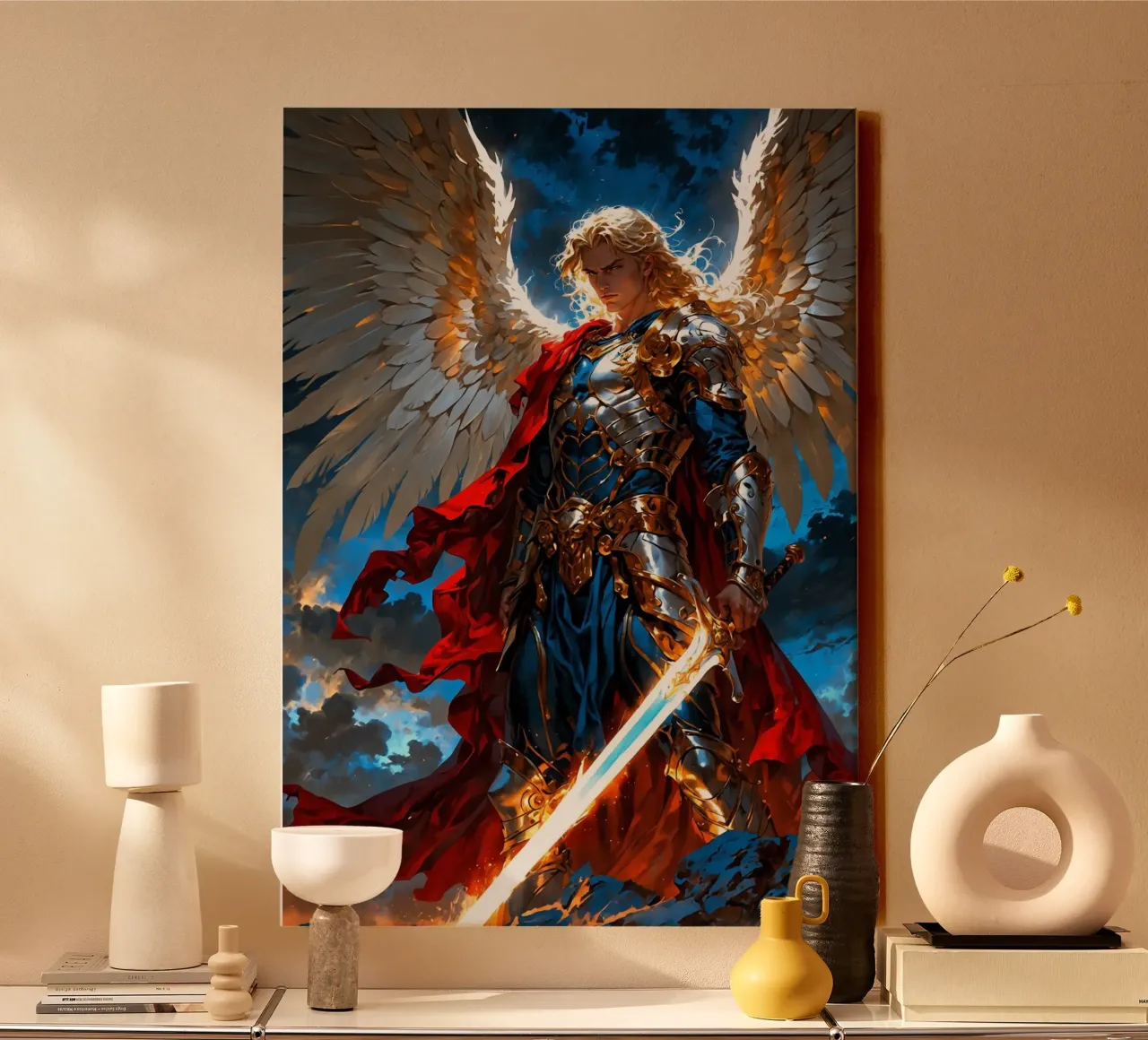 Winged Archangel with Sword canvas with Floater frame by Fleur de Lys