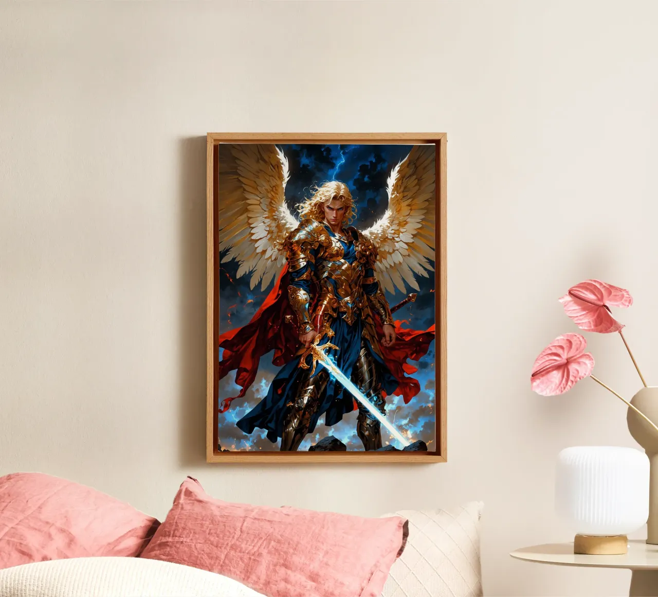 Winged Archangel with Sword canvas with Floater frame by Fleur de Lys
