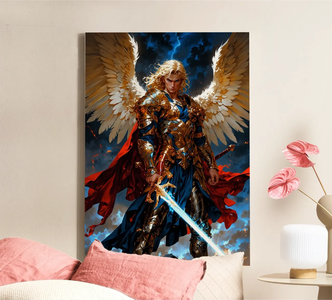 Winged Archangel with Sword canvas with Floater frame by Fleur de Lys
