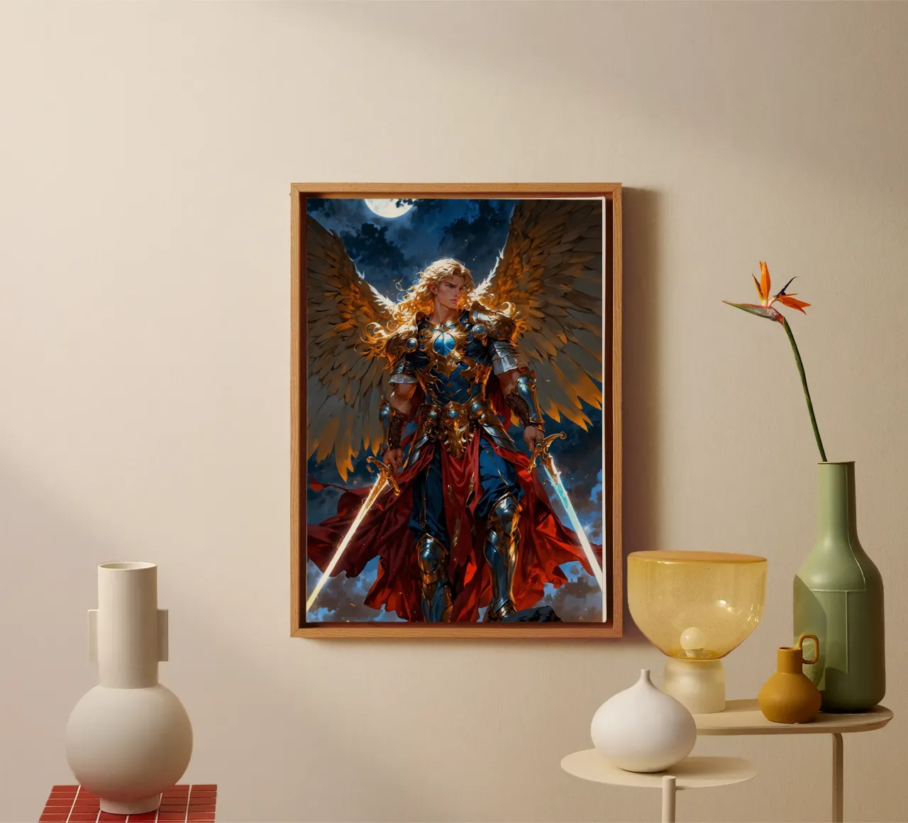 Winged Archangel with Sword canvas with Floater frame by Fleur de Lys