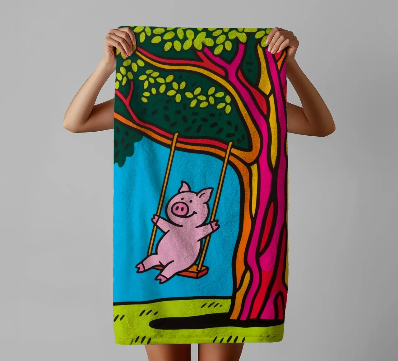 pig playing on the swing towel by knowledge