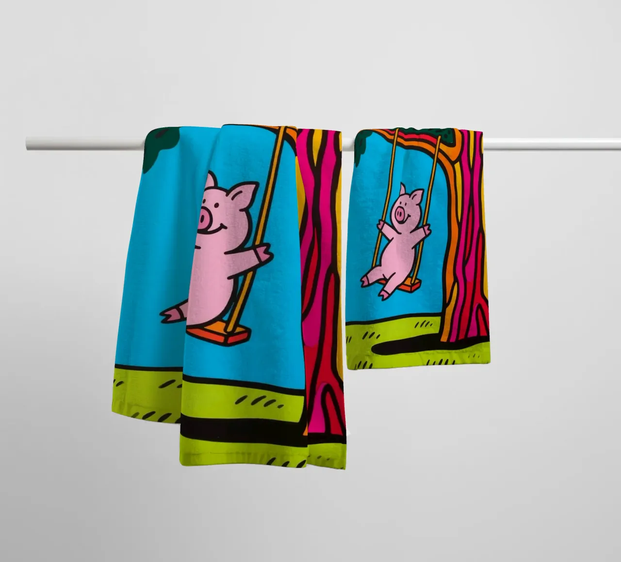 pig playing on the swing towel by knowledge