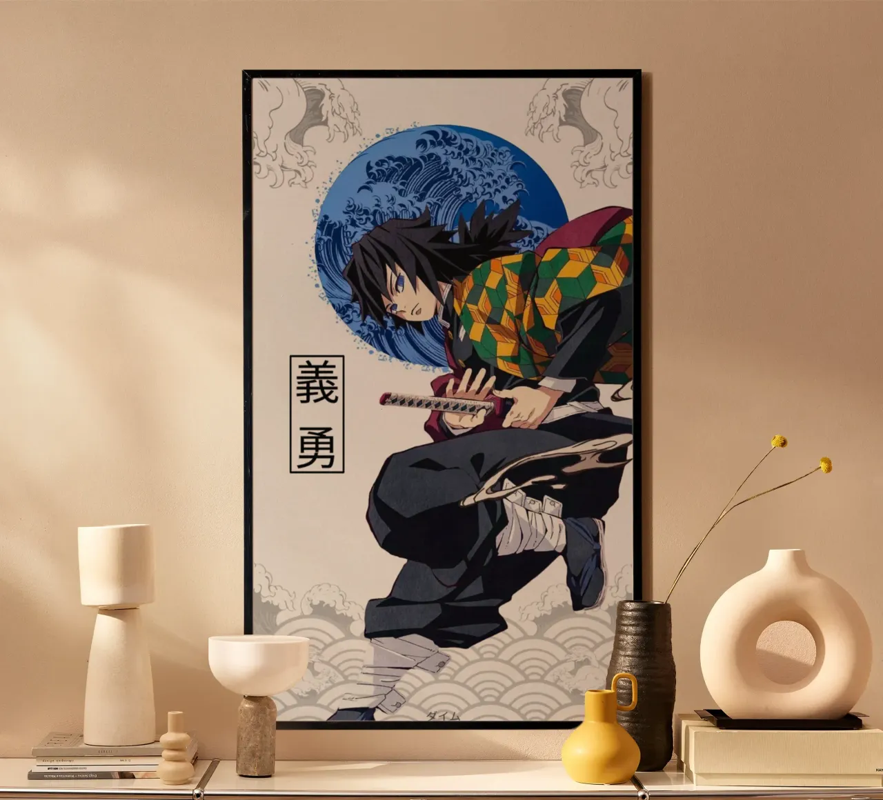 Giyu Tomioka Kimetsu No Yaiba-DS poster con telaio in legno da igoshartwrks