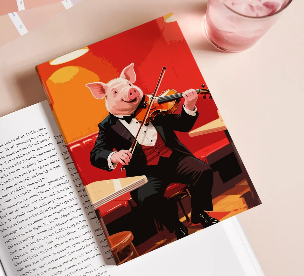 pig playing violin in cafe notebook by knowledge