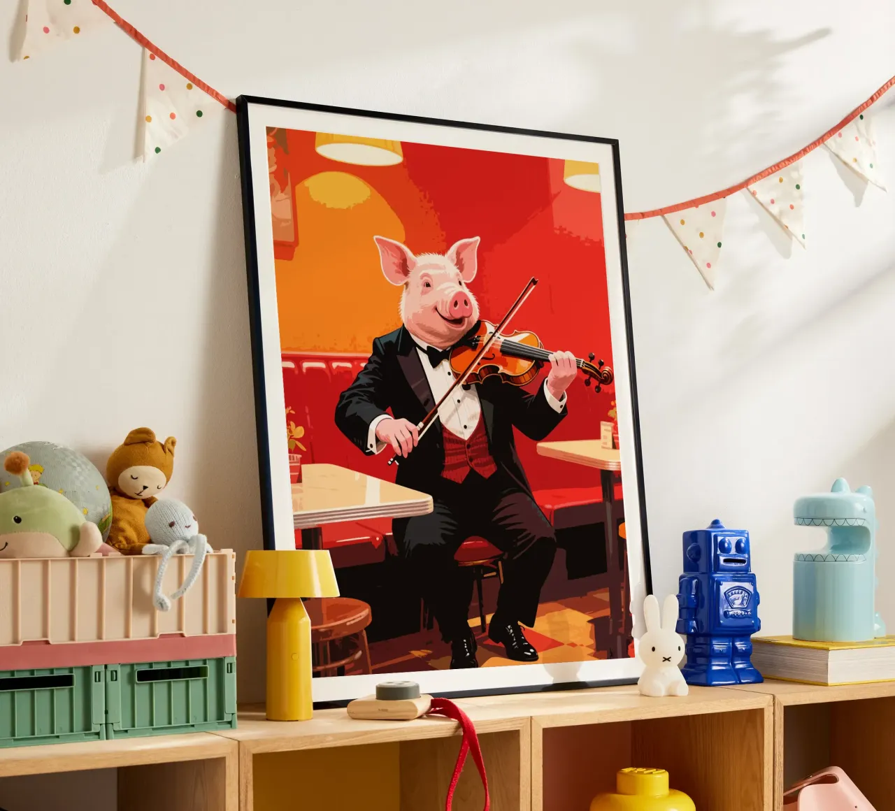 maiale che suona il violino in un caffè poster con telaio in alluminio da knowledge