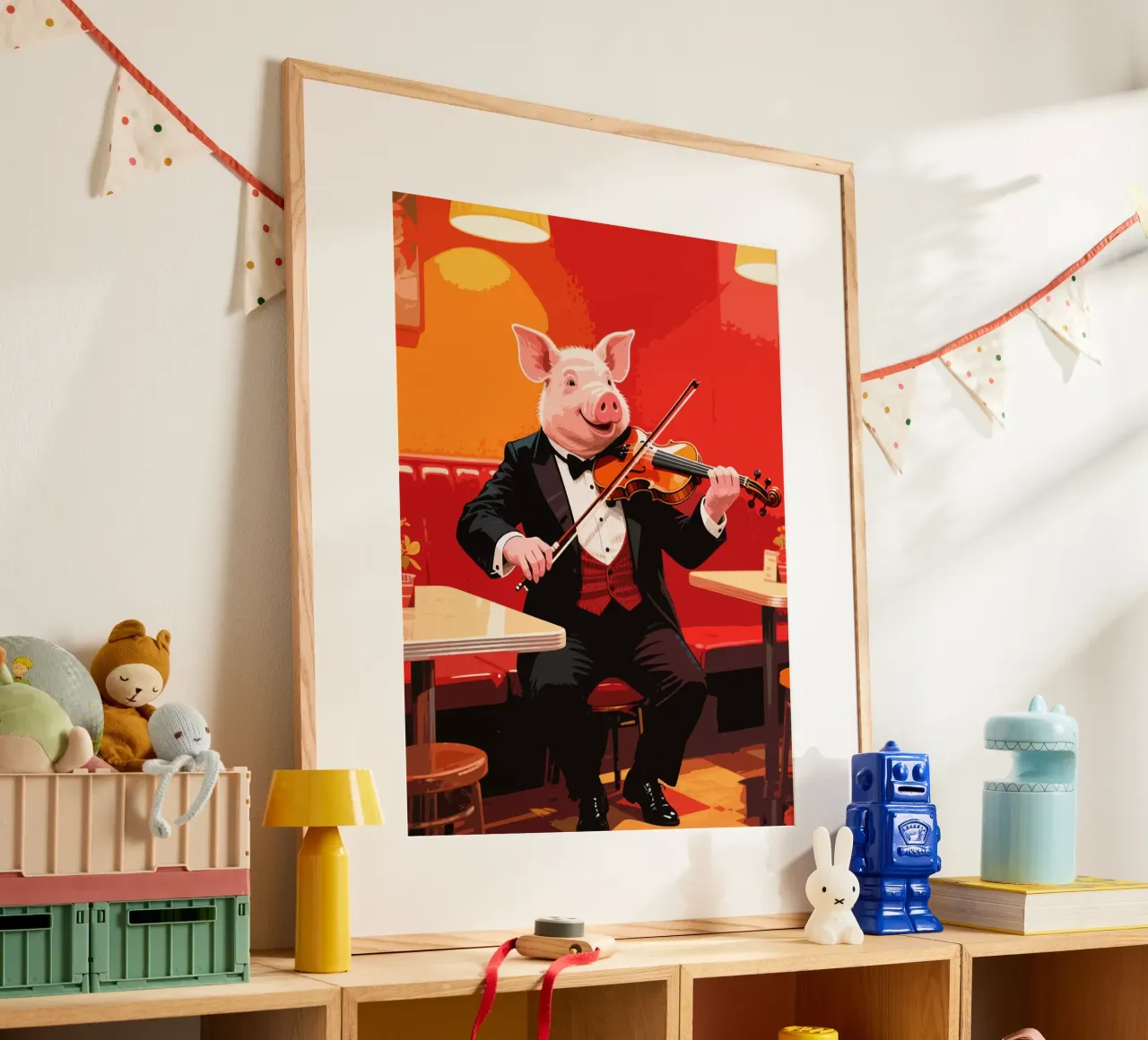 maiale che suona il violino in un caffè poster con telaio in alluminio da knowledge
