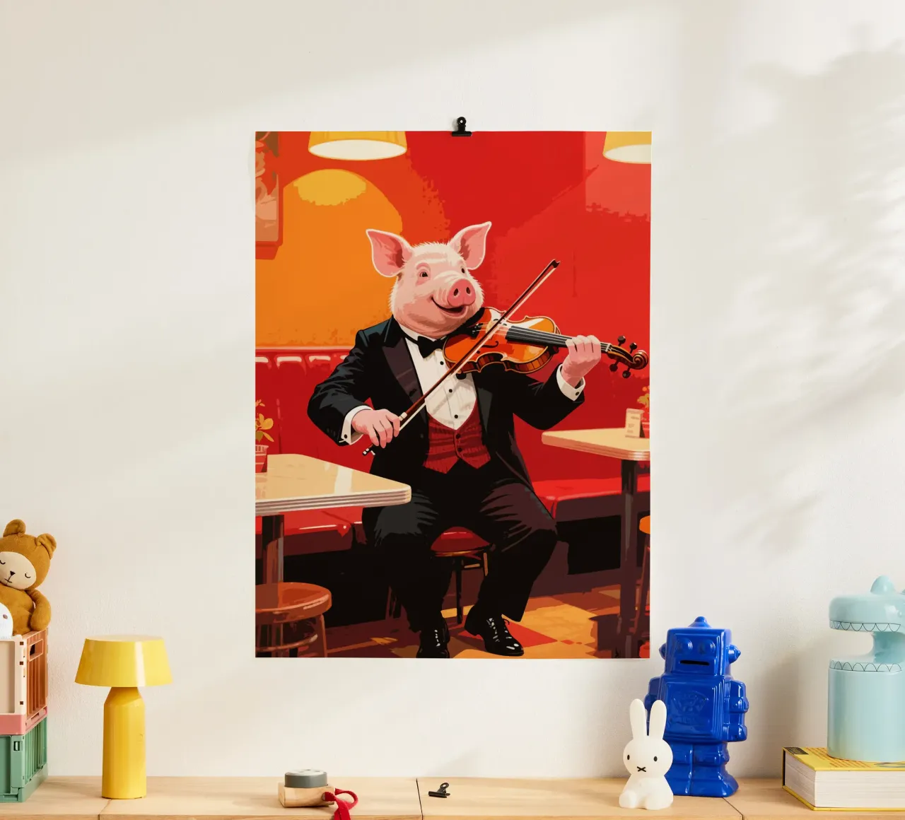 maiale che suona il violino in un caffè poster con telaio in alluminio da knowledge
