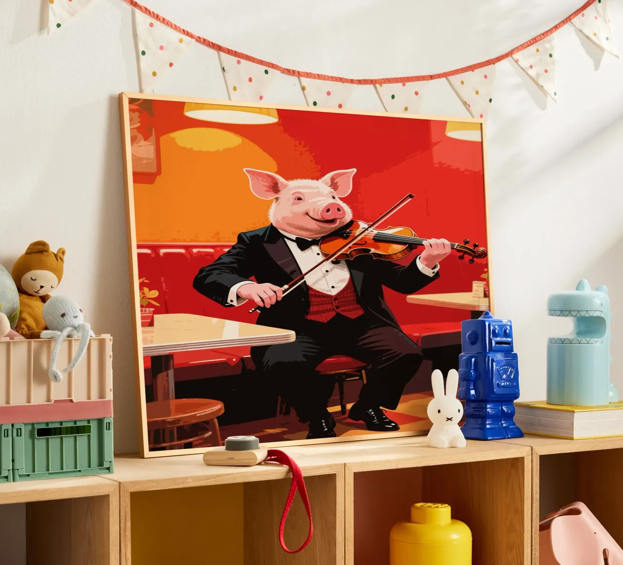 maiale che suona il violino in un caffè poster con telaio in alluminio da knowledge