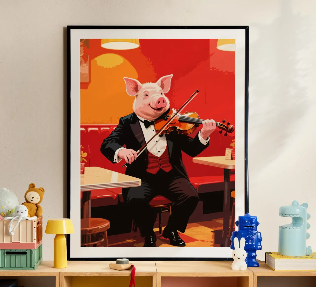 maiale che suona il violino in un caffè poster con telaio in alluminio da knowledge