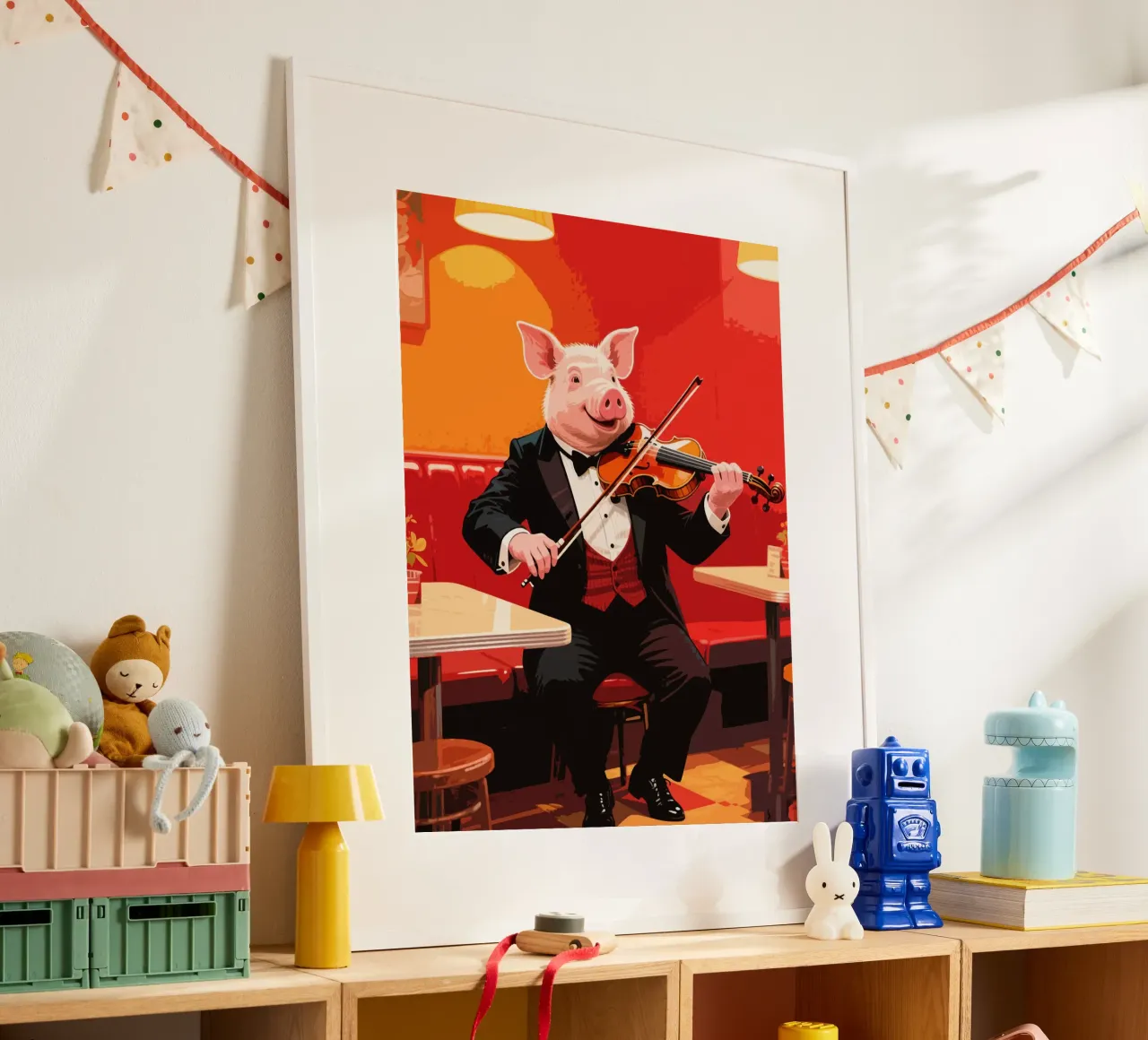 maiale che suona il violino in un caffè poster con telaio in alluminio da knowledge