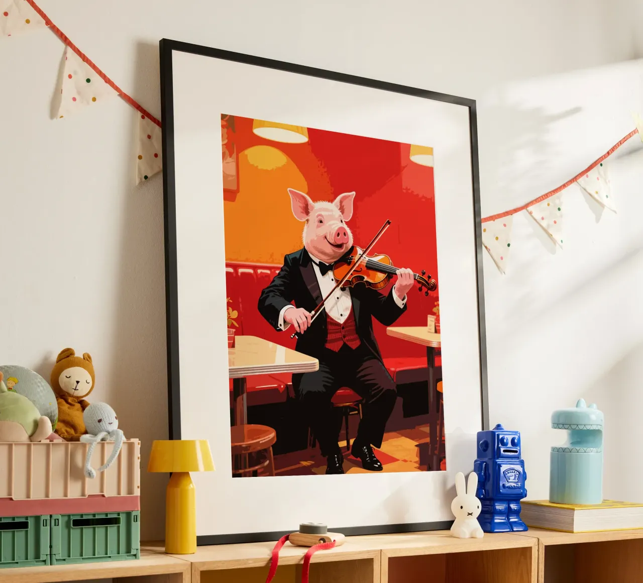 maiale che suona il violino in un caffè poster con telaio in alluminio da knowledge