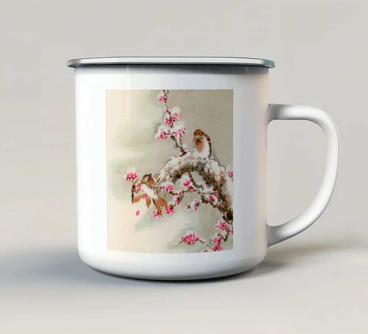 Bird perching on tree top, vintage Japanese tazza in smalto da vintageshop