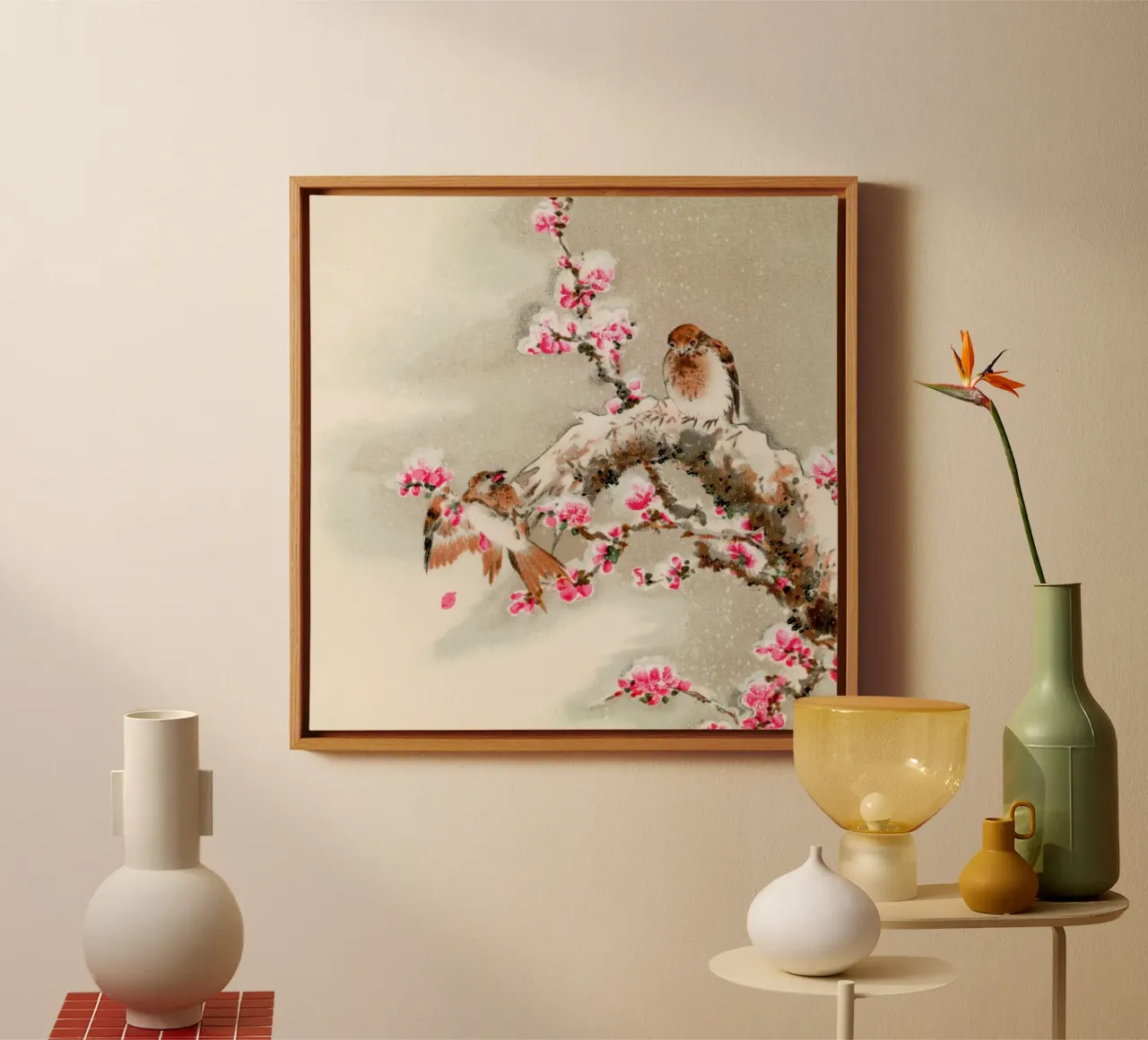 Bird perching on tree top, vintage Japanese tela con Cornice a cassetta da vintageshop