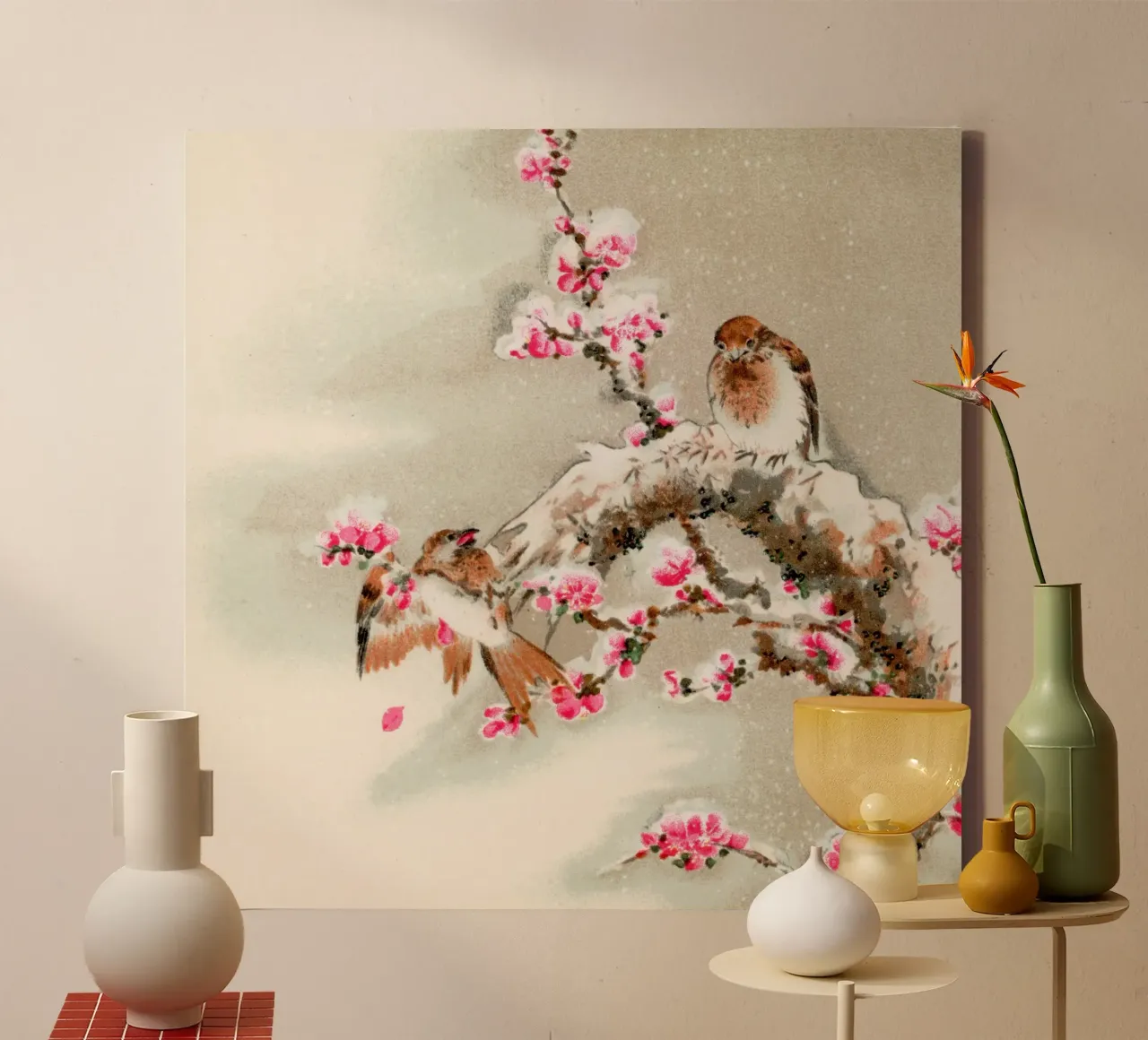 Bird perching on tree top, vintage Japanese tela con Cornice a cassetta da vintageshop