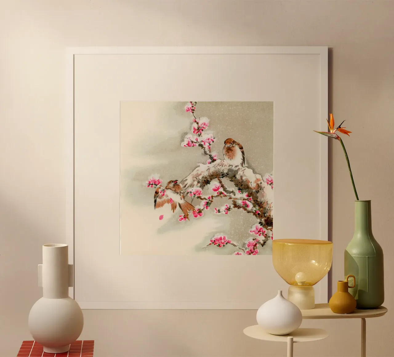 Bird perching on tree top, vintage Japanese poster con telaio in alluminio da vintageshop
