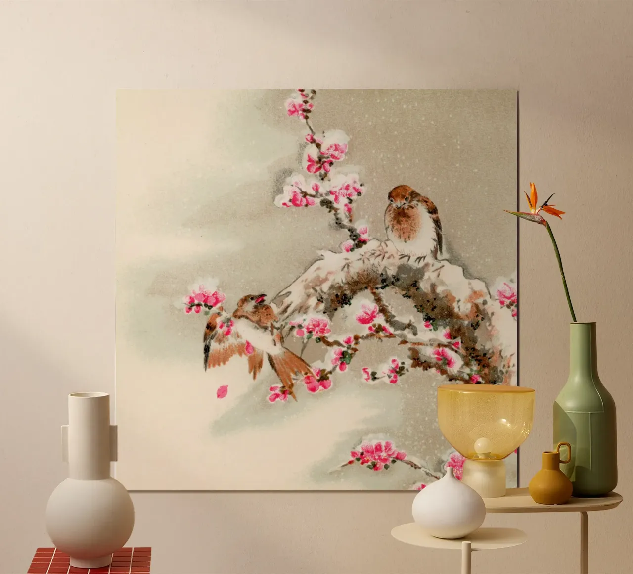 Bird perching on tree top, vintage Japanese poster con telaio in alluminio da vintageshop